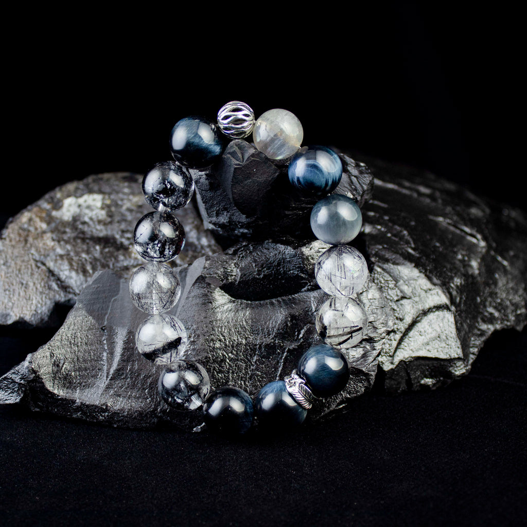 Abyssal Meridian Bracelet – Blue Tiger’s Eye, Black Rutilated, Sparkle Quartz & Gray Moonstone | 13–14mm Handmade Gift