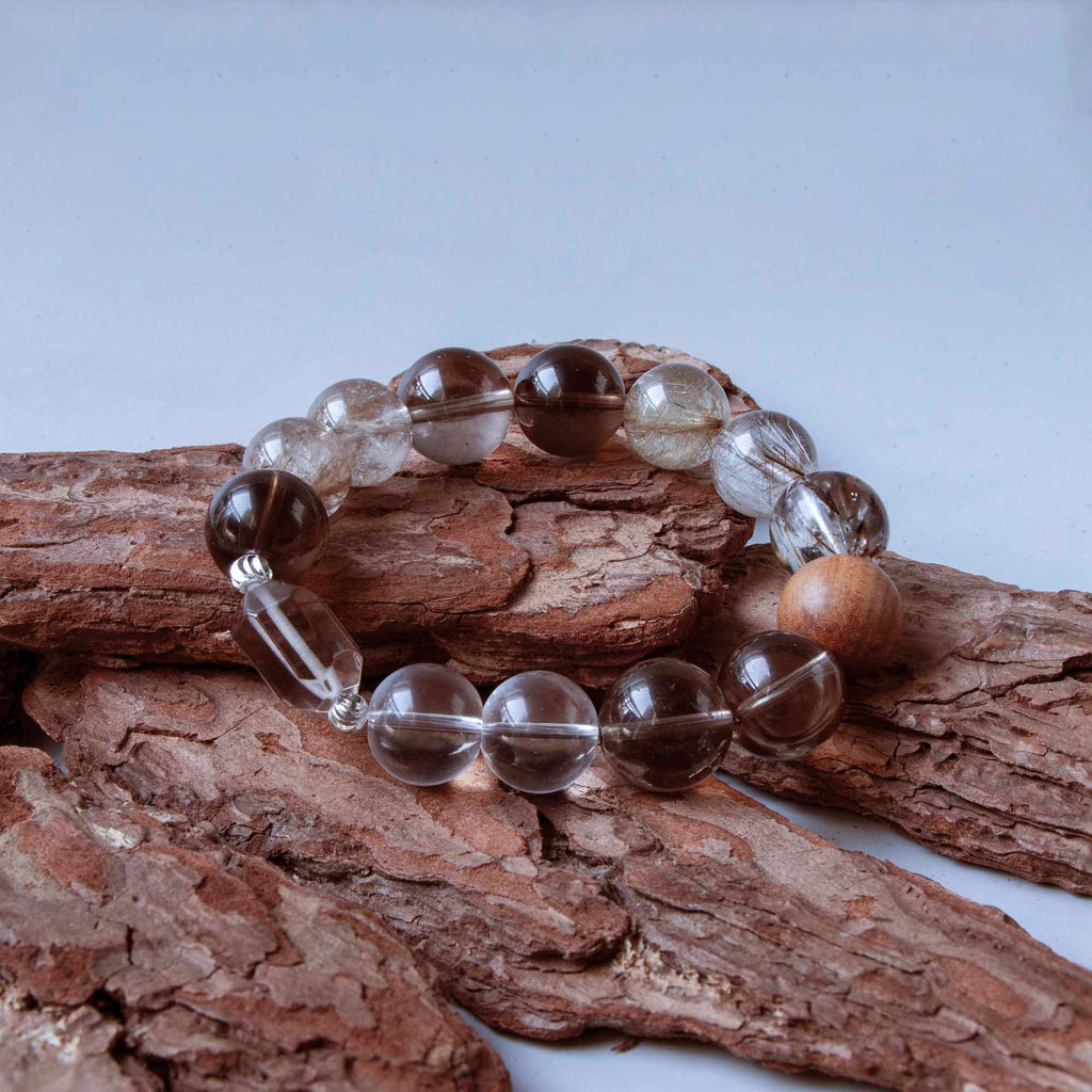 Auralyn Life Rhythm Smoky Quartz Crystal Bracelet, 13–14mm Smoky Quartz, Silver & Venus Rutilated Quartz with Clear Quartz and Wood Bead, Handmade Energy Jewelry