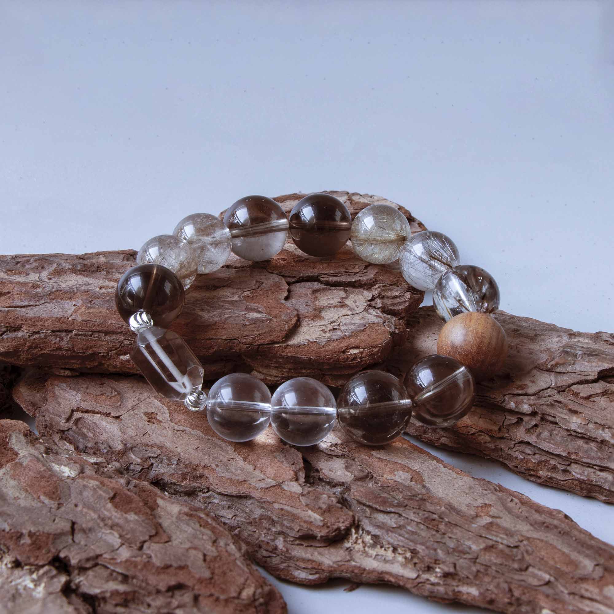 Auralyn Life Rhythm Smoky Quartz Crystal Bracelet, 13–14mm Smoky Quartz, Silver & Venus Rutilated Quartz with Clear Quartz and Wood Bead, Handmade Energy Jewelry