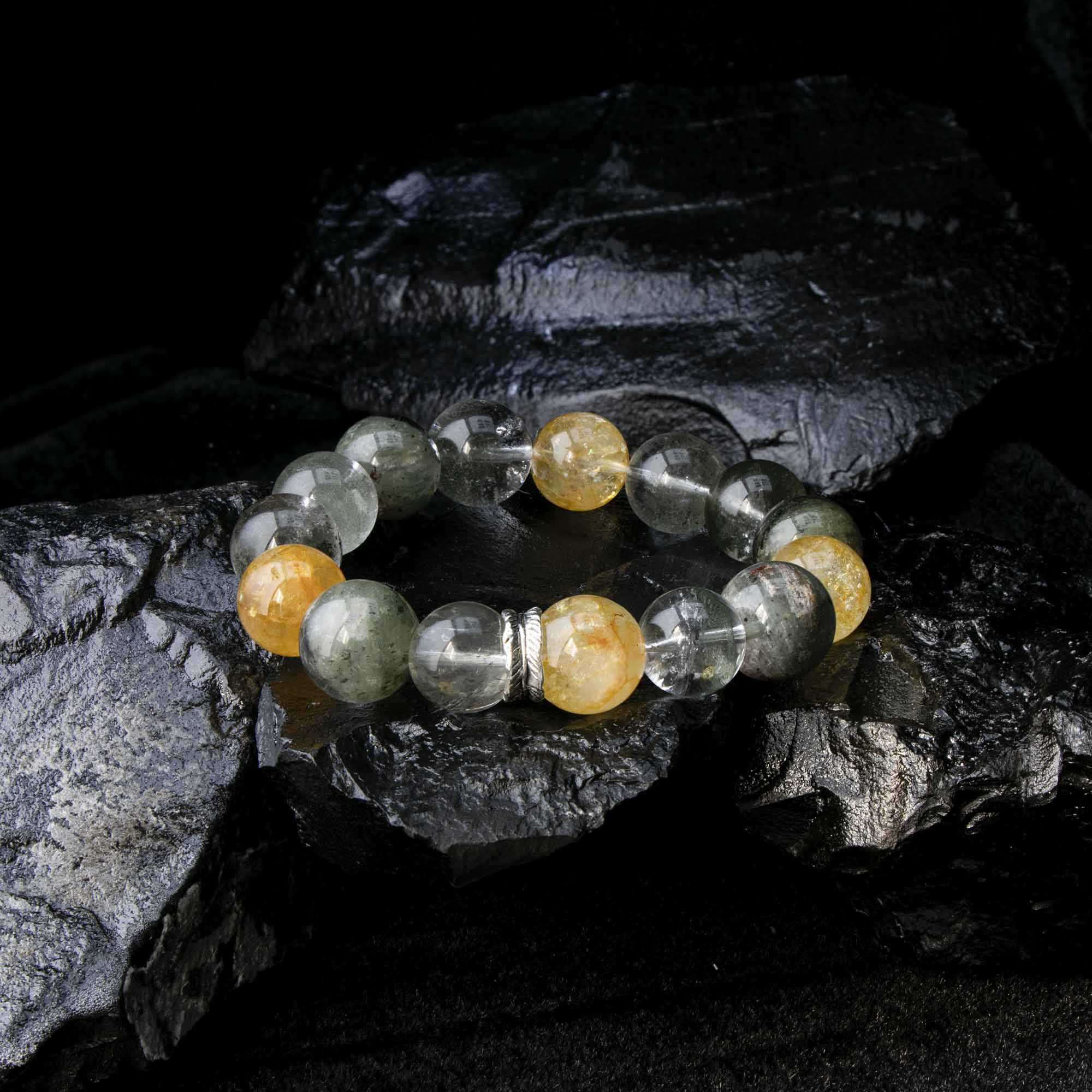 Auralyn Tarot The Empress Green Phantom Crystal Bracelet, 13–14mm Garden Quartz with Impression Jasper, Golden Flower Agate & Tourmaline Rutilated Quartz, Silver Feather Spacer, Handmade Energy Jewelry