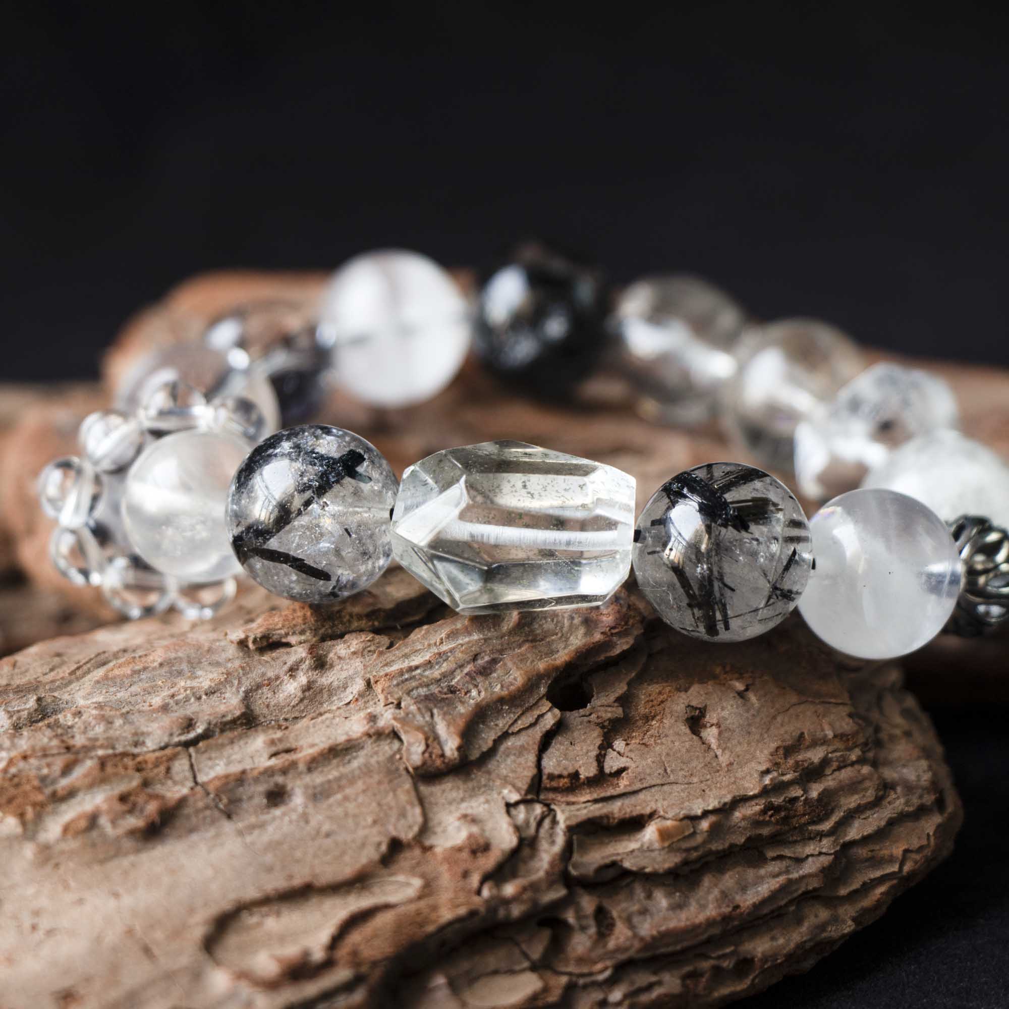 Auralyn Custom Monochrome Clarity Crystal Bracelet, 13–15mm Clear Quartz, White Phantom, Black Labradorite, Black Rutilated Quartz with Herkimer-Style Cone & Irregular Clear Beads, Clear-Quartz Runner Ring, Handmade