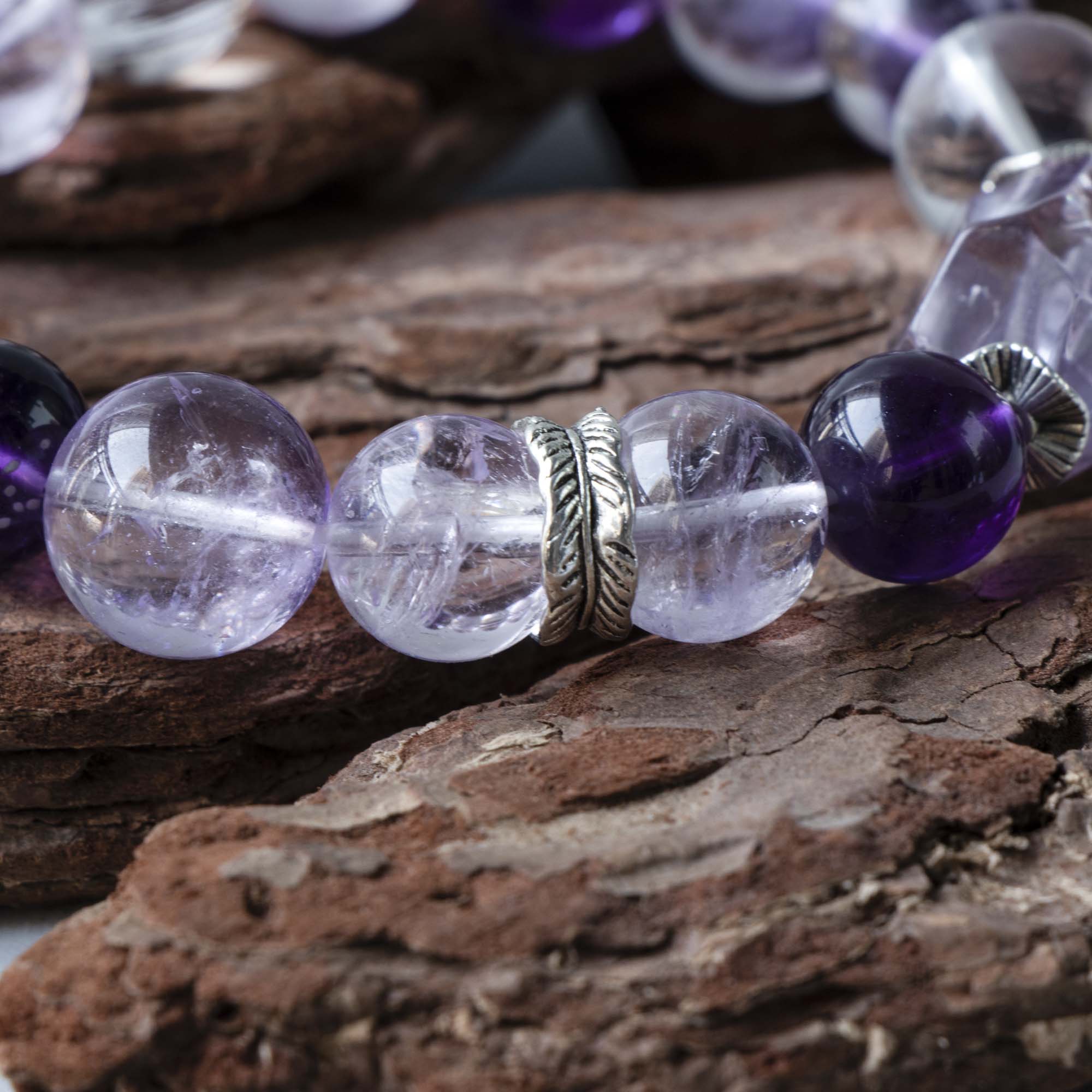 Auralyn Celestial Aura Amethyst Crystal Bracelet with Red Rutilated Quartz & Clear Quartz, 13–14mm Handmade Energy Beads, Tibetan Silver Accents, Emotional Healing & Spiritual Growth