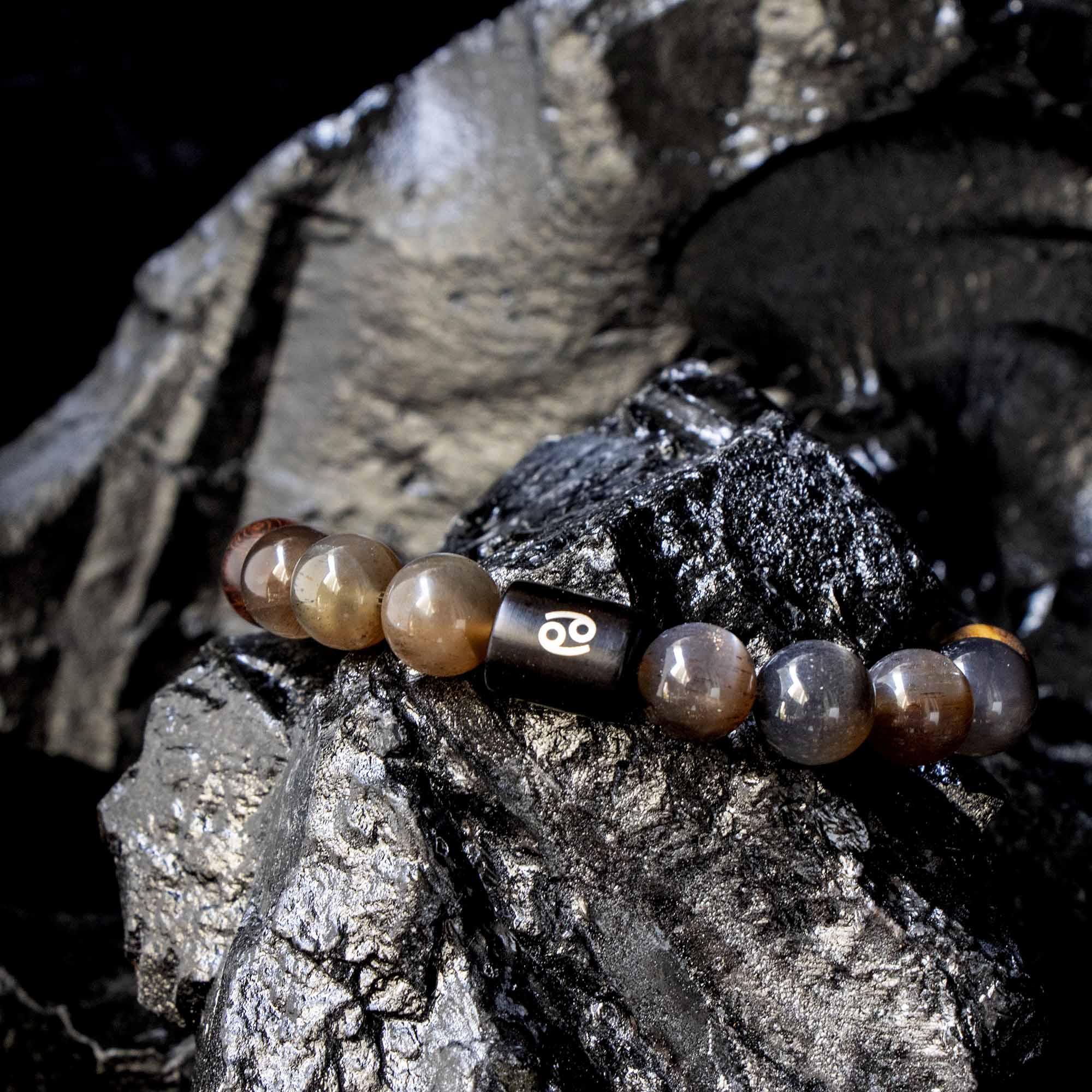 Auralyn Cancer Night-Tide Guardian Zodiac Bracelet, 10–12mm Black Tourmalinated “Backbone” Quartz & Rosewood with Gold-Plated Spacers and Ebony Bead w/ Sterling-Silver Cancer Inlay, Handmade Protective Jewelry Amazon-Style 5 Bullet Points