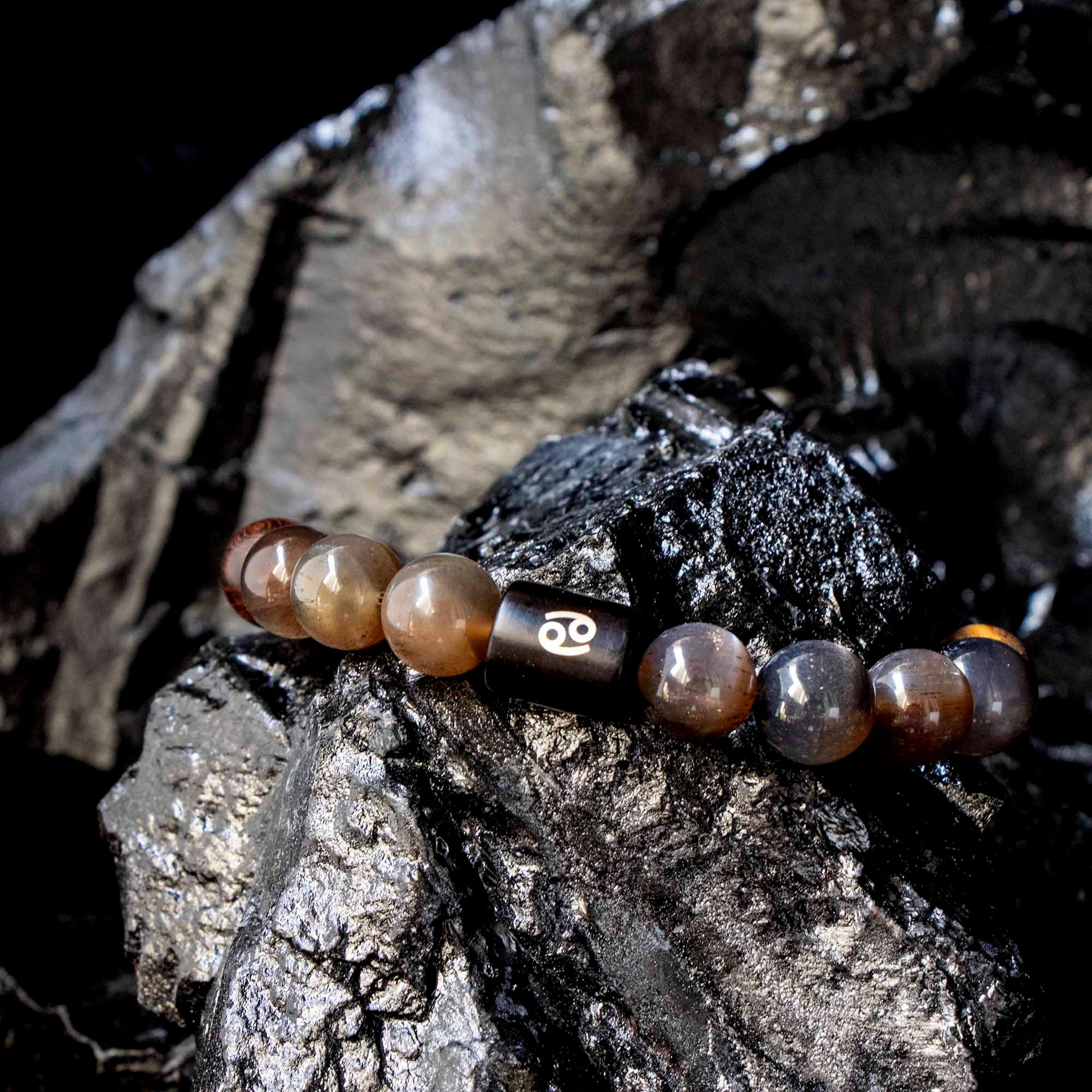 Auralyn Cancer Night-Tide Guardian Zodiac Bracelet, 10–12mm Black Tourmalinated “Backbone” Quartz & Rosewood with Gold-Plated Spacers and Ebony Bead w/ Sterling-Silver Cancer Inlay, Handmade Protective Jewelry Amazon-Style 5 Bullet Points