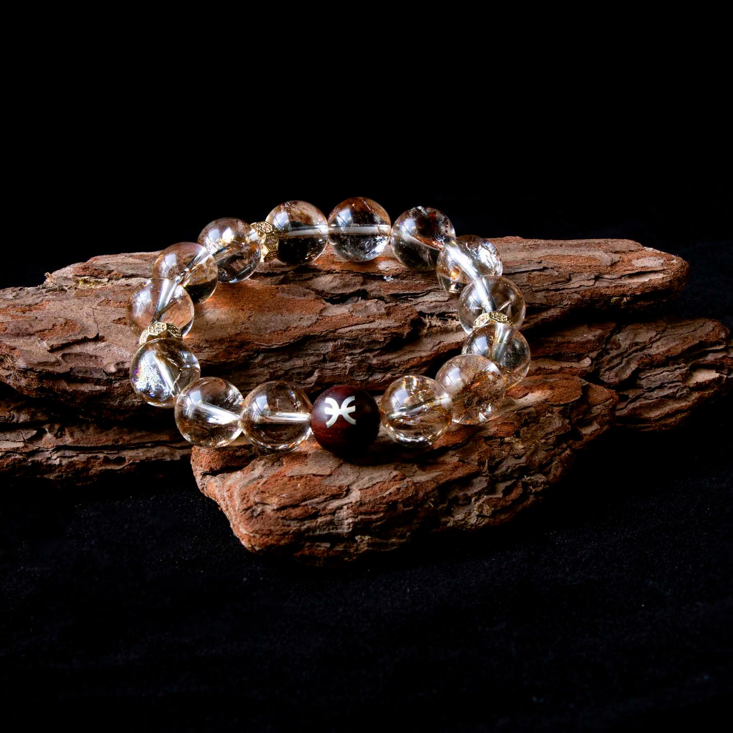 Auralyn Pisces Golden Bloom Crystal Bracelet, 12–13mm Gold-Foil Flower Quartz Beads with Sterling-Silver Inlaid Pisces Redwood Bead, Handmade Zodiac Energy Jewelry for Intuition, Love & Abundance
