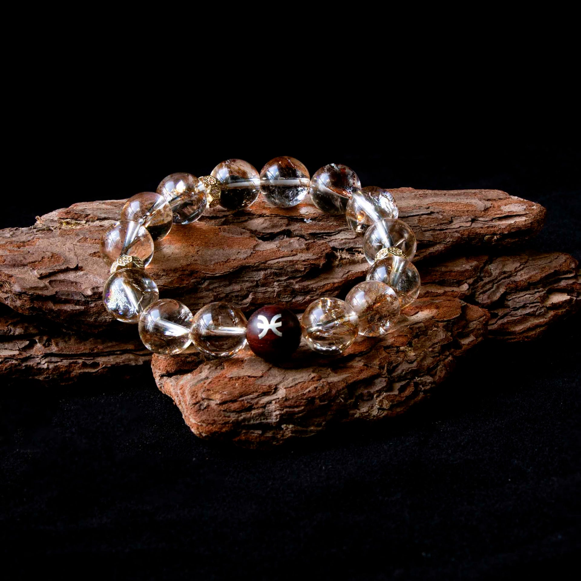 Auralyn Pisces Golden Bloom Crystal Bracelet, 12–13mm Gold-Foil Flower Quartz Beads with Sterling-Silver Inlaid Pisces Redwood Bead, Handmade Zodiac Energy Jewelry for Intuition, Love & Abundance