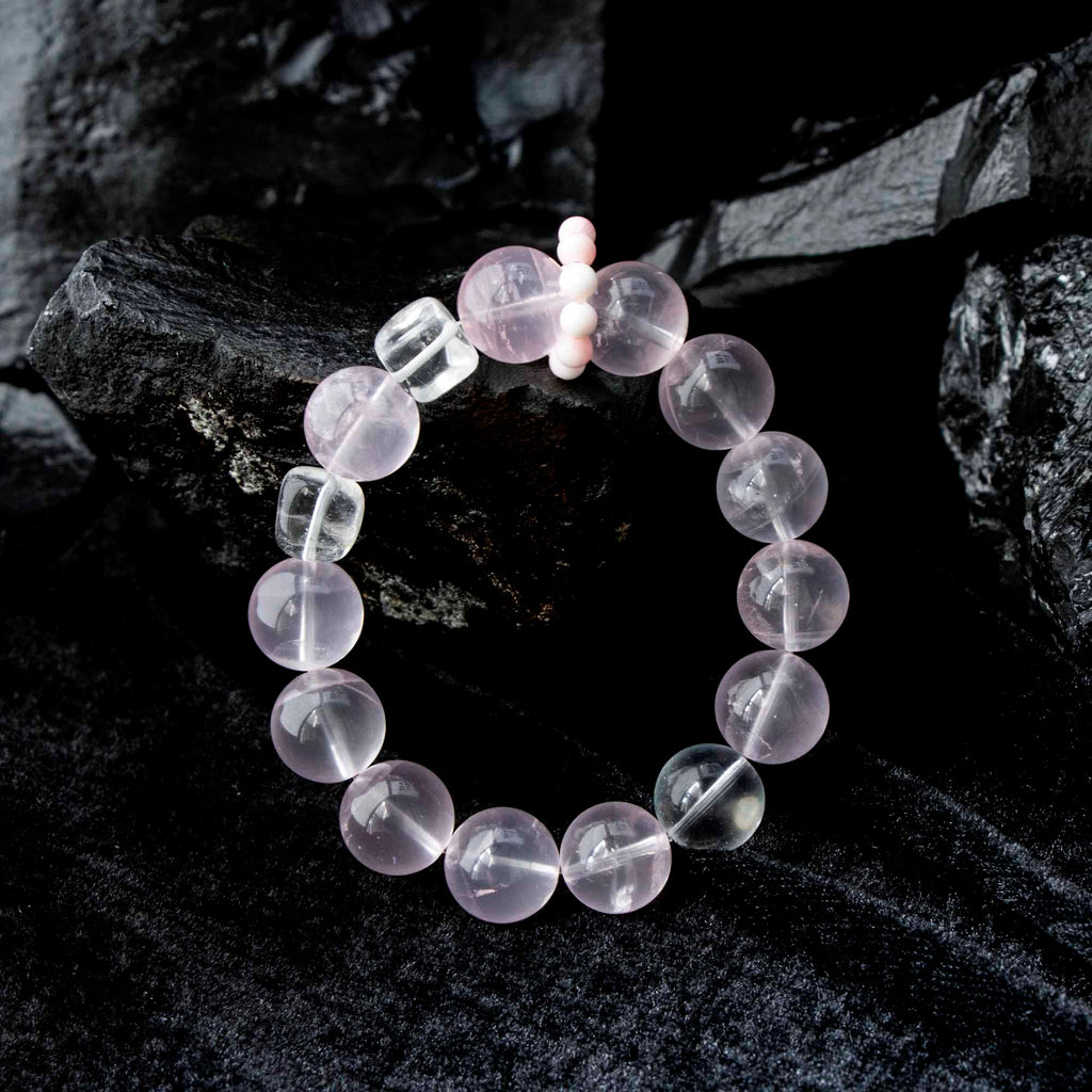 Auralyn Tarot The Lovers Rose Quartz Crystal Bracelet, 13mm Rose Quartz with 12mm Clear Quartz & 2 Irregular “Sugar Cube” Clear Quartz, Pink Agate Runner Ring, Handmade Energy Jewelry for Love & Self-Care