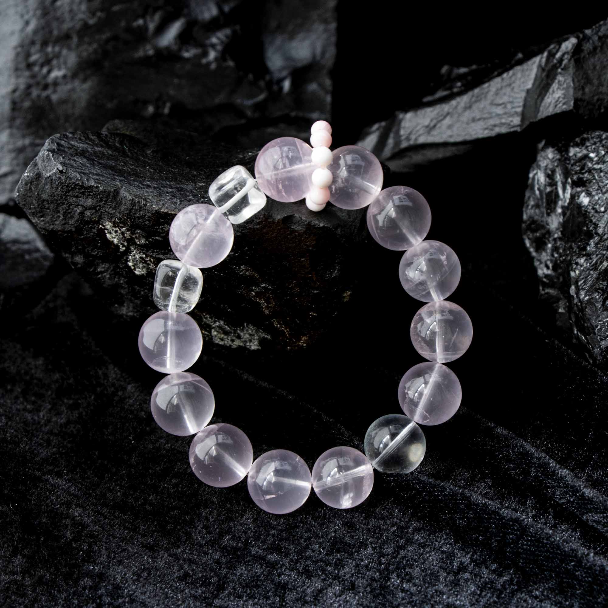 Auralyn Tarot The Lovers Rose Quartz Crystal Bracelet, 13mm Rose Quartz with 12mm Clear Quartz & 2 Irregular “Sugar Cube” Clear Quartz, Pink Agate Runner Ring, Handmade Energy Jewelry for Love & Self-Care