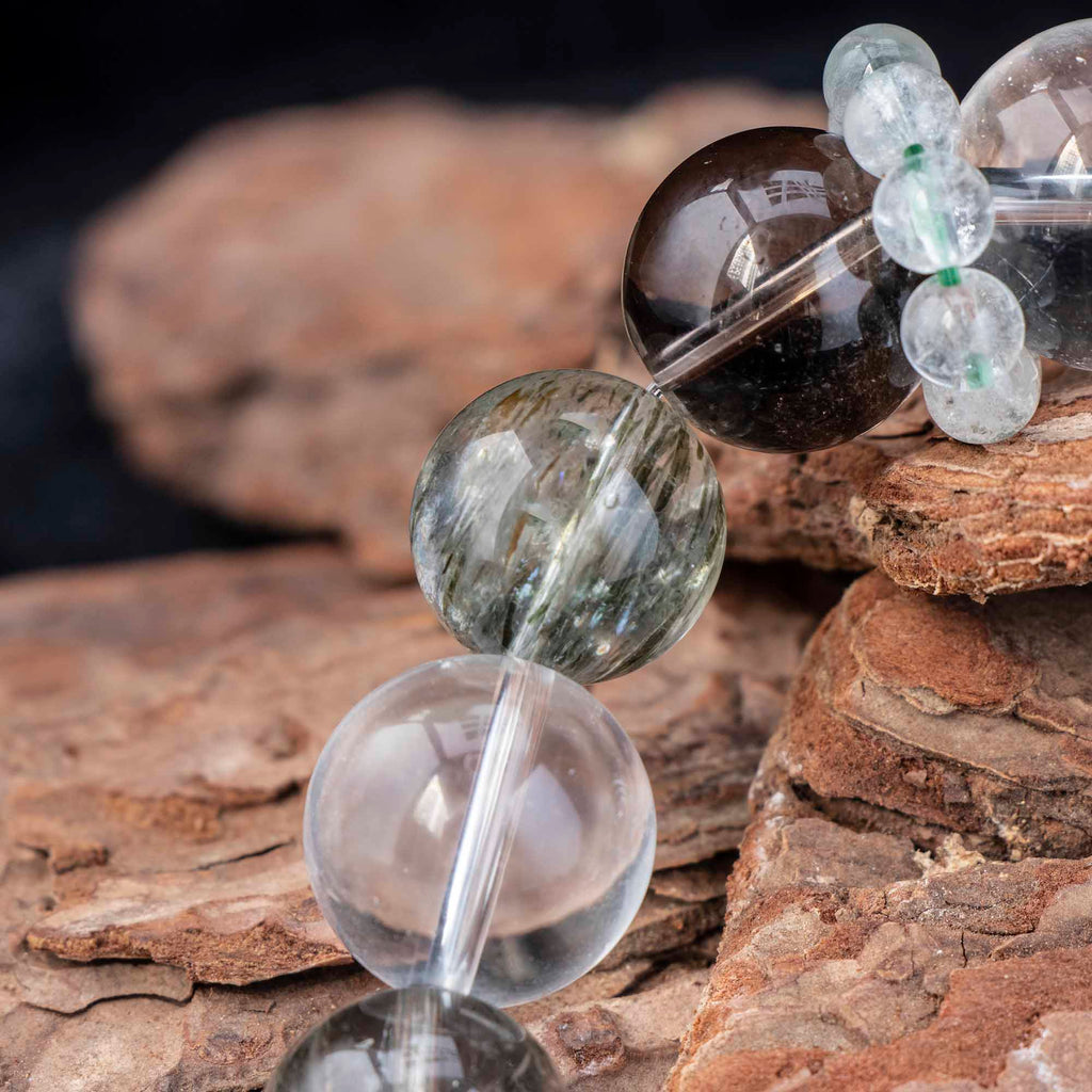 Auralyn Life Rhythm Clarity Momentum Crystal Bracelet, 14–16mm Tourmaline Rutilated Quartz with Clear Quartz, Smoky Quartz & White Phantom, Clear Quartz Runner Ring, Handmade Energy Jewelry