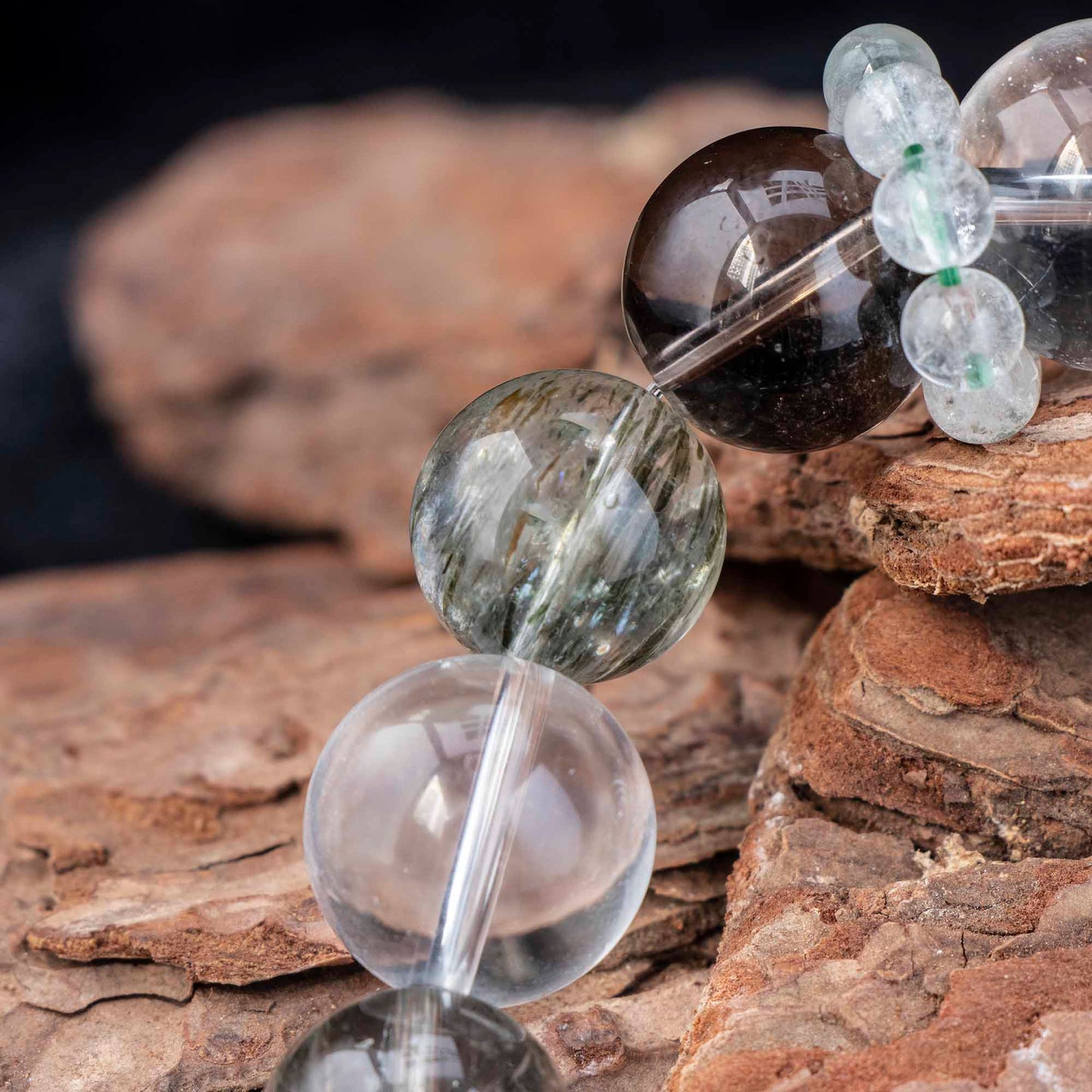 Auralyn Life Rhythm Clarity Momentum Crystal Bracelet, 14–16mm Tourmaline Rutilated Quartz with Clear Quartz, Smoky Quartz & White Phantom, Clear Quartz Runner Ring, Handmade Energy Jewelry