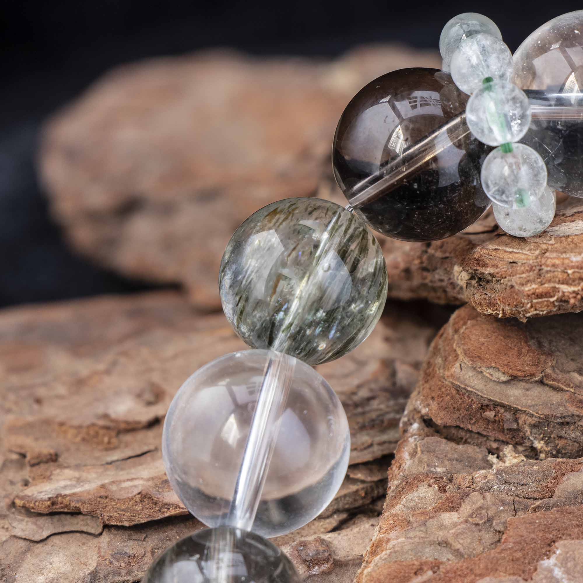 Auralyn Life Rhythm Clarity Momentum Crystal Bracelet, 14–16mm Tourmaline Rutilated Quartz with Clear Quartz, Smoky Quartz & White Phantom, Clear Quartz Runner Ring, Handmade Energy Jewelry