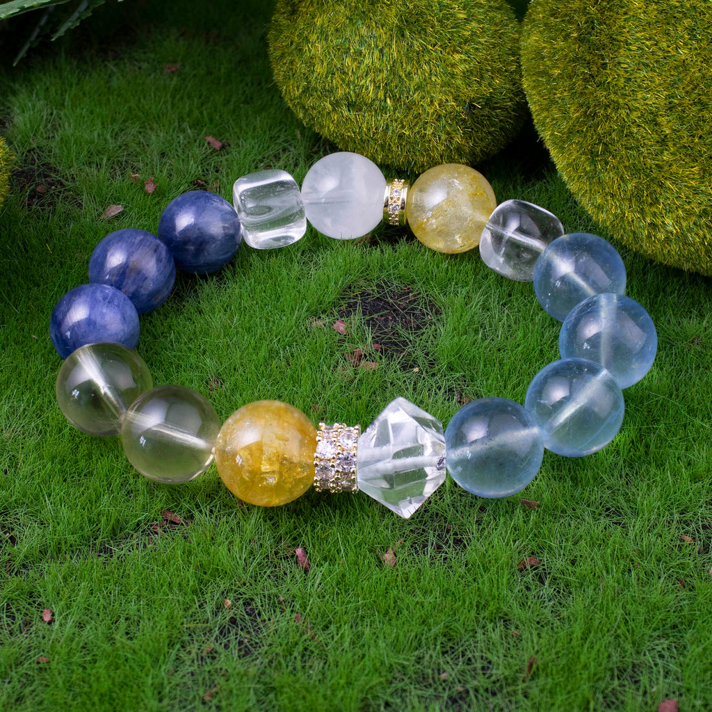 オーラリン タロット テンペランス ブルーゴールド クリスタルブレスレット、13～14mm カイヤナイト、アクアマリン、ホワイトファントム、シトリン、ゴールデンフラワーアゲート、ハーキマースタイルのイレギュラー＆シュガーキューブアクセント、ゴールドメッキスペーサー、ハンドメイドエネルギージュエリー