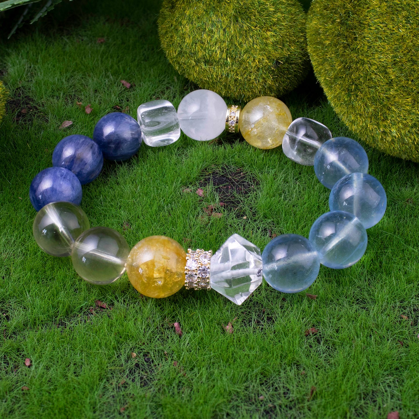 Auralyn Tarot Temperance Blue–Gold Crystal Bracelet, 13–14mm Kyanite, Aquamarine, White Phantom & Citrine with Golden Flower Agate, Herkimer-Style Irregular & Sugar-Cube Accents, Gold-Plated Spacers, Handmade Energy Jewelry