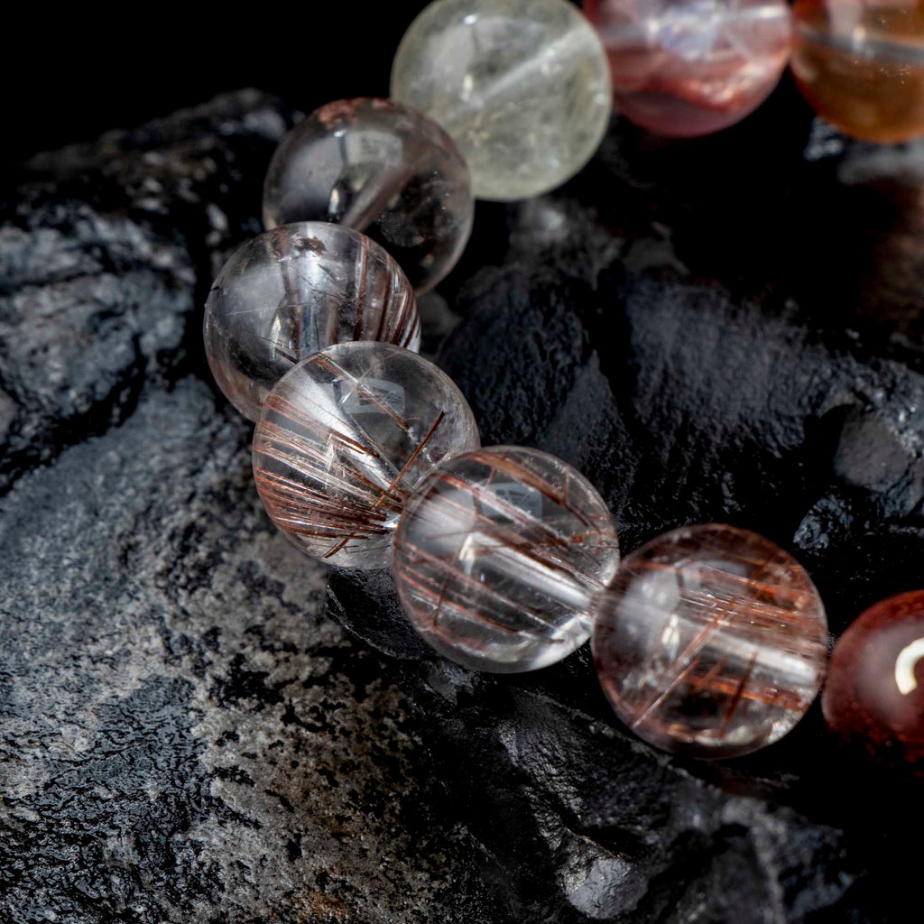 Auralyn Aries Flame Bloom Crystal Bracelet, 13–14mm Red Flower Agate, Red & Venus Rutilated Quartz, Rabbit Hair Quartz, Sterling Silver Aries Bead, Handmade Zodiac Energy Jewelry