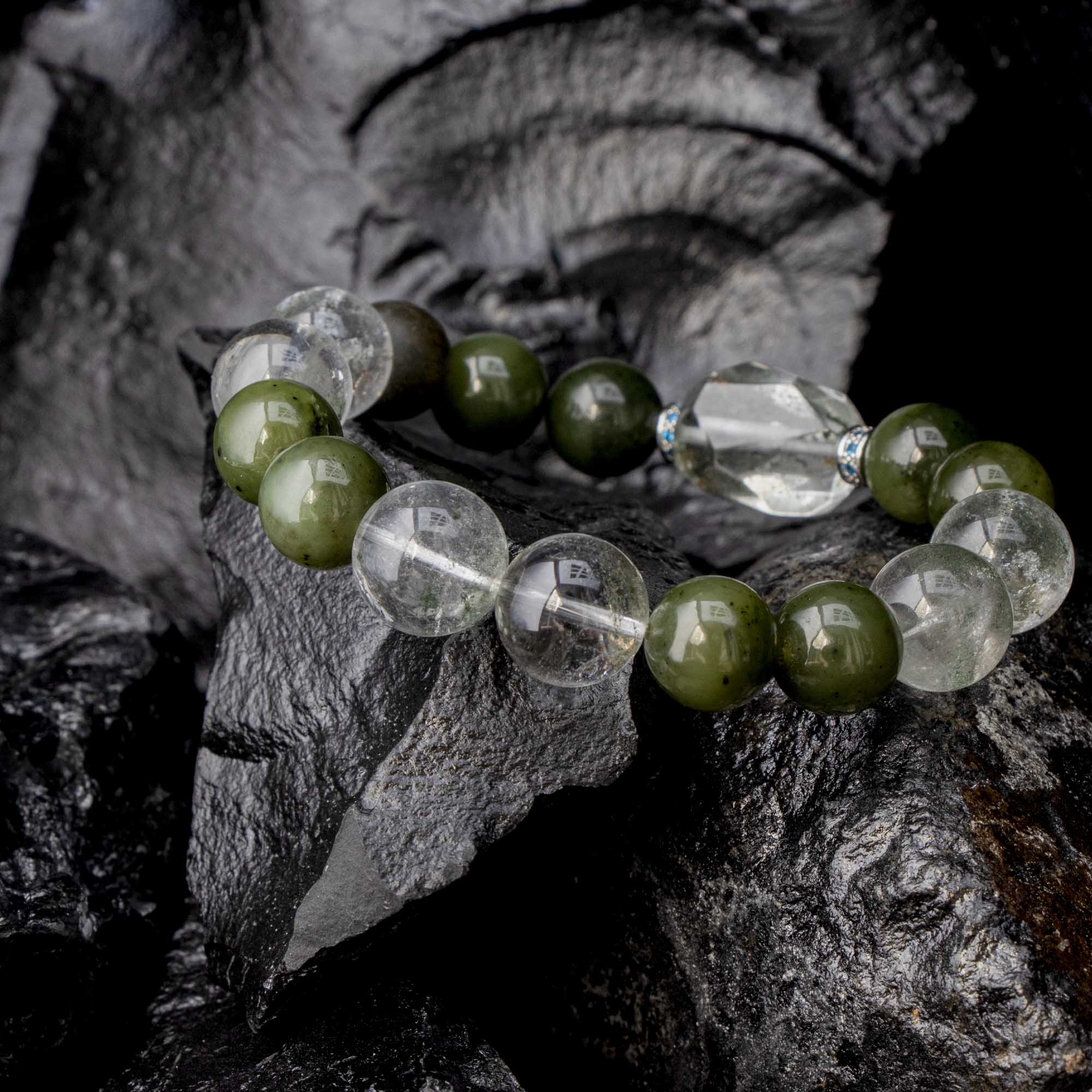Auralyn Custom Star-Garden Green Phantom Quartz Bracelet, 13–14mm Garden/“Starry” Phantom with Irregular Phantom Accent, Avocado Tone Bead & Natural Wood, Handmade Energy Jewelry for Renewal, Clarity & Grounding