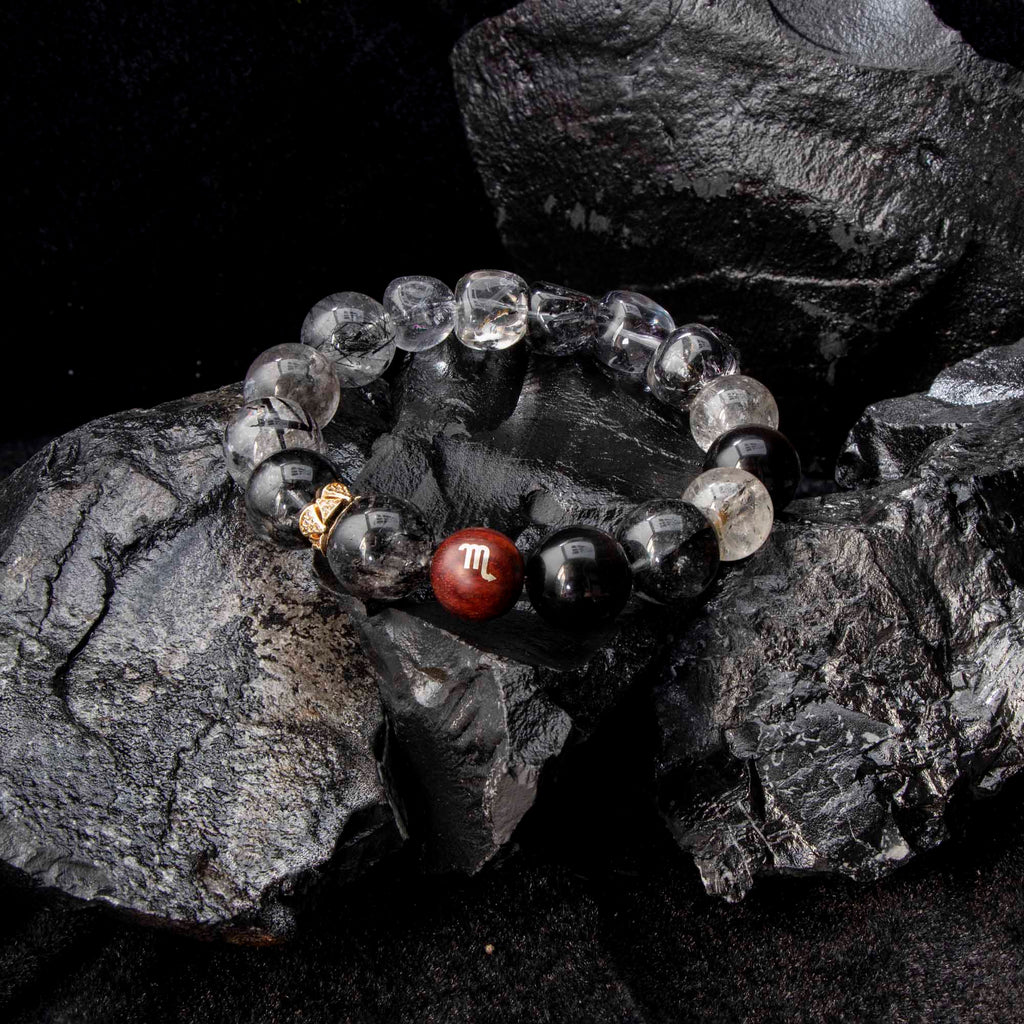 Auralyn Virgo Precision Shield Crystal Bracelet, 13–14mm Silver Obsidian, Black Labradorite, Herkimer Diamond & Black Rutilated Quartz with Gold-Plated Spacers and Sterling Silver Virgo Inlaid Bead, Handmade Zodiac Energy Jewelry