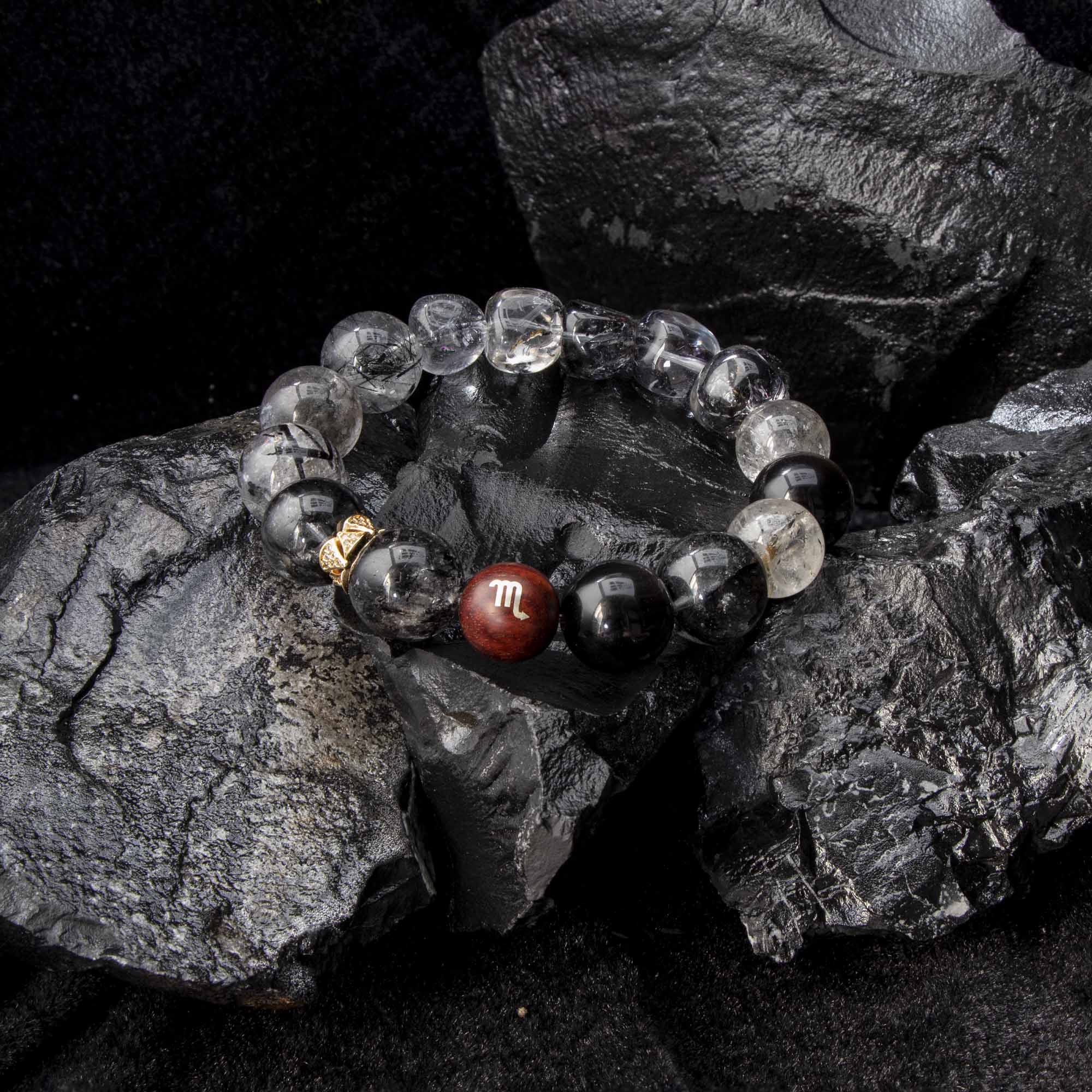 Auralyn Virgo Precision Shield Crystal Bracelet, 13–14mm Silver Obsidian, Black Labradorite, Herkimer Diamond & Black Rutilated Quartz with Gold-Plated Spacers and Sterling Silver Virgo Inlaid Bead, Handmade Zodiac Energy Jewelry