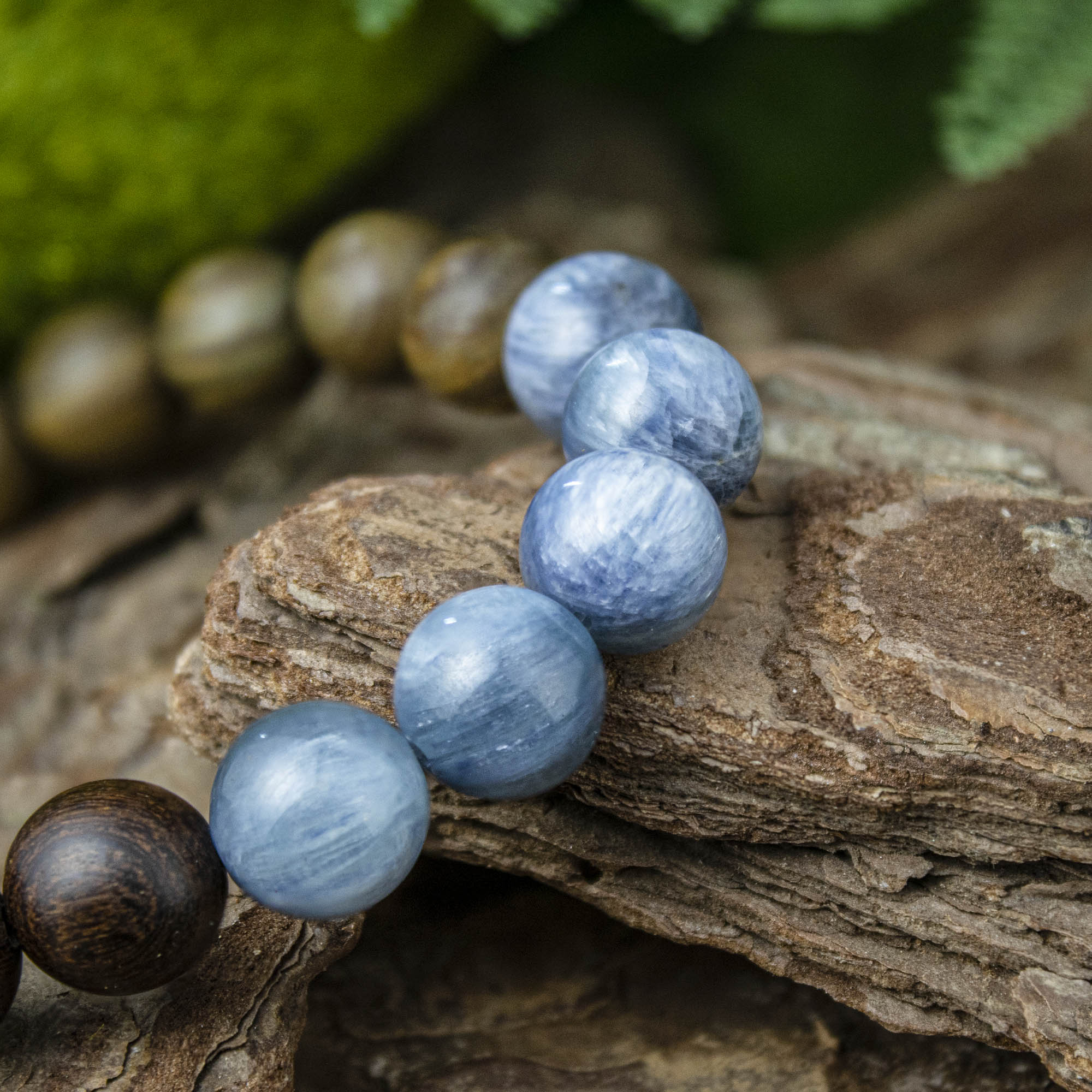 Auralyn Custom Kyanite Nightwood Crystal Bracelet, 10–12mm Kyanite with Black Tourmalinated/“Backbone” Quartz, Black Labradorite, Red & Green Sandalwood Beads and Filigree Silver Spacer, Handmade Energy Jewelry