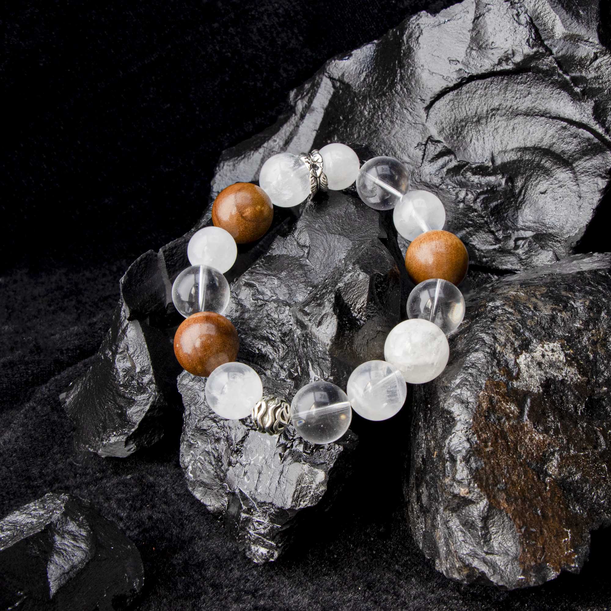 Auralyn Custom Feathered Clarity White Phantom & Clear Quartz Bracelet, 13–14mm Quartz with 15–16mm Golden Phoebe Wood, Tibetan-Silver Feather Spacer & Rings, Handmade Energy Jewelry for Renewal, Clarity & Grounding