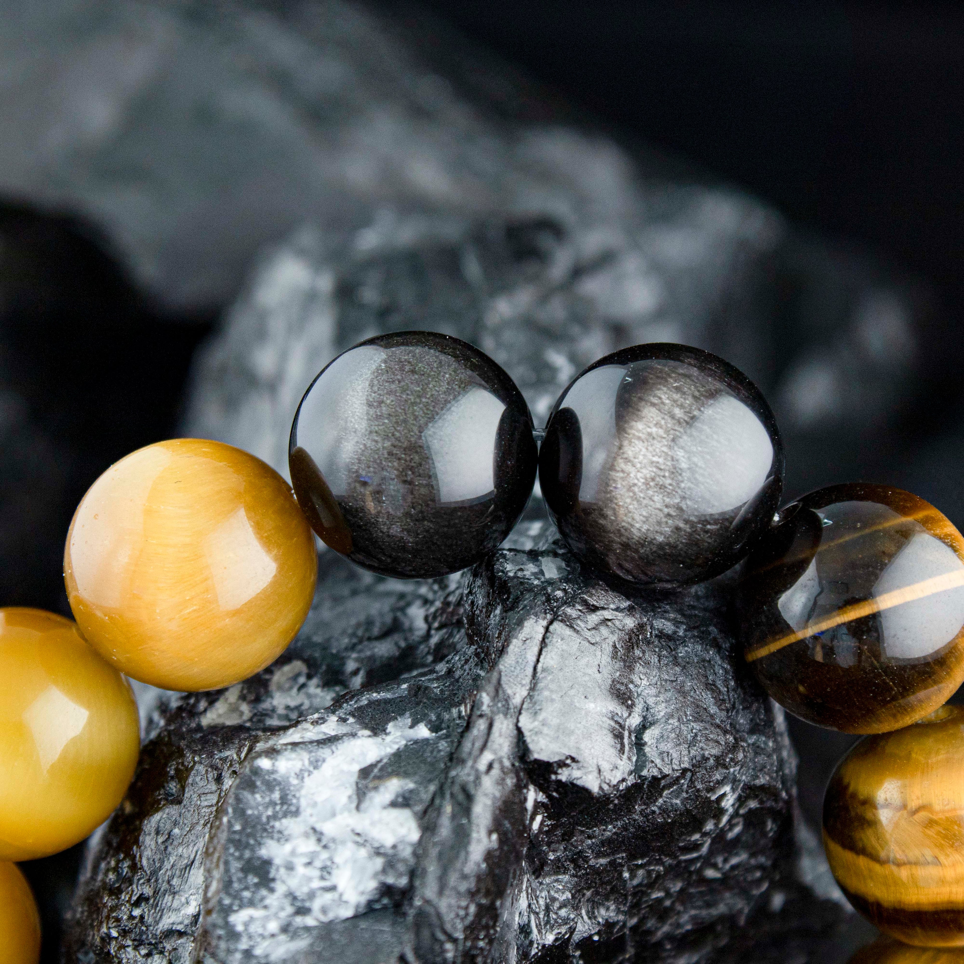 Celestial Guardian Bracelet – Tiger’s Eye & Silver Obsidian with Tibetan Silver Rings | Protective Energy Gift