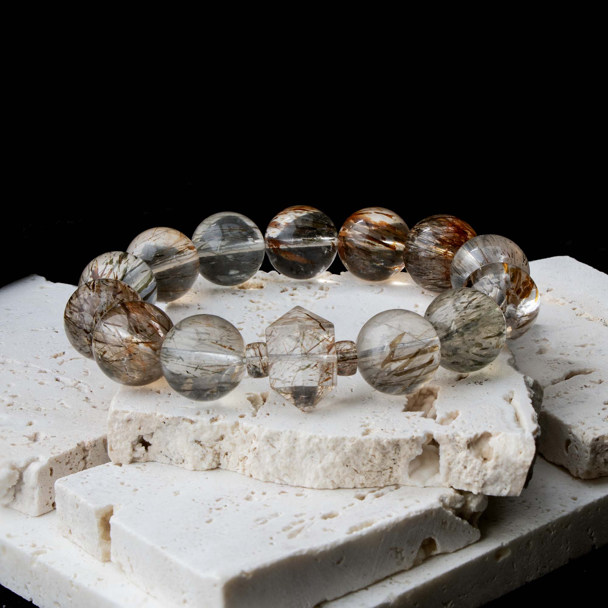 Auralyn Tarot The Magician Black-Gold Super Seven Crystal Bracelet, 13–14mm Super Seven with Tourmaline Rutilated Quartz & Raw Irregular Super Seven Accent, Natural Minerals, Handmade Energy Jewelry