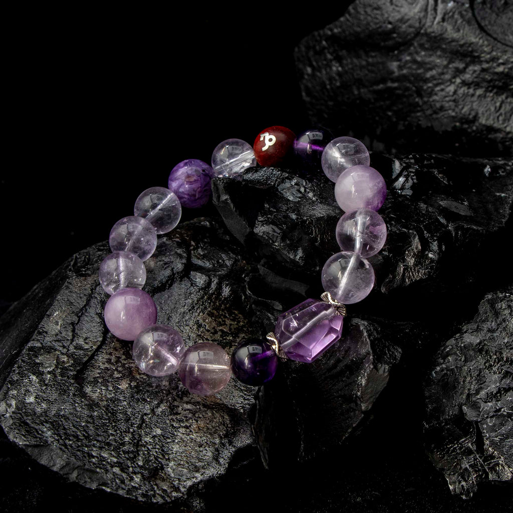 Auralyn Capricorn Amethyst Ascend Crystal Bracelet, 13–14mm Gradient Amethyst Beads with Irregular Amethyst, Tibetan Silver Spacers & Sterling Silver Capricorn Inlaid Redwood Bead, Handmade Zodiac Energy Jewelry for Wisdom & Success