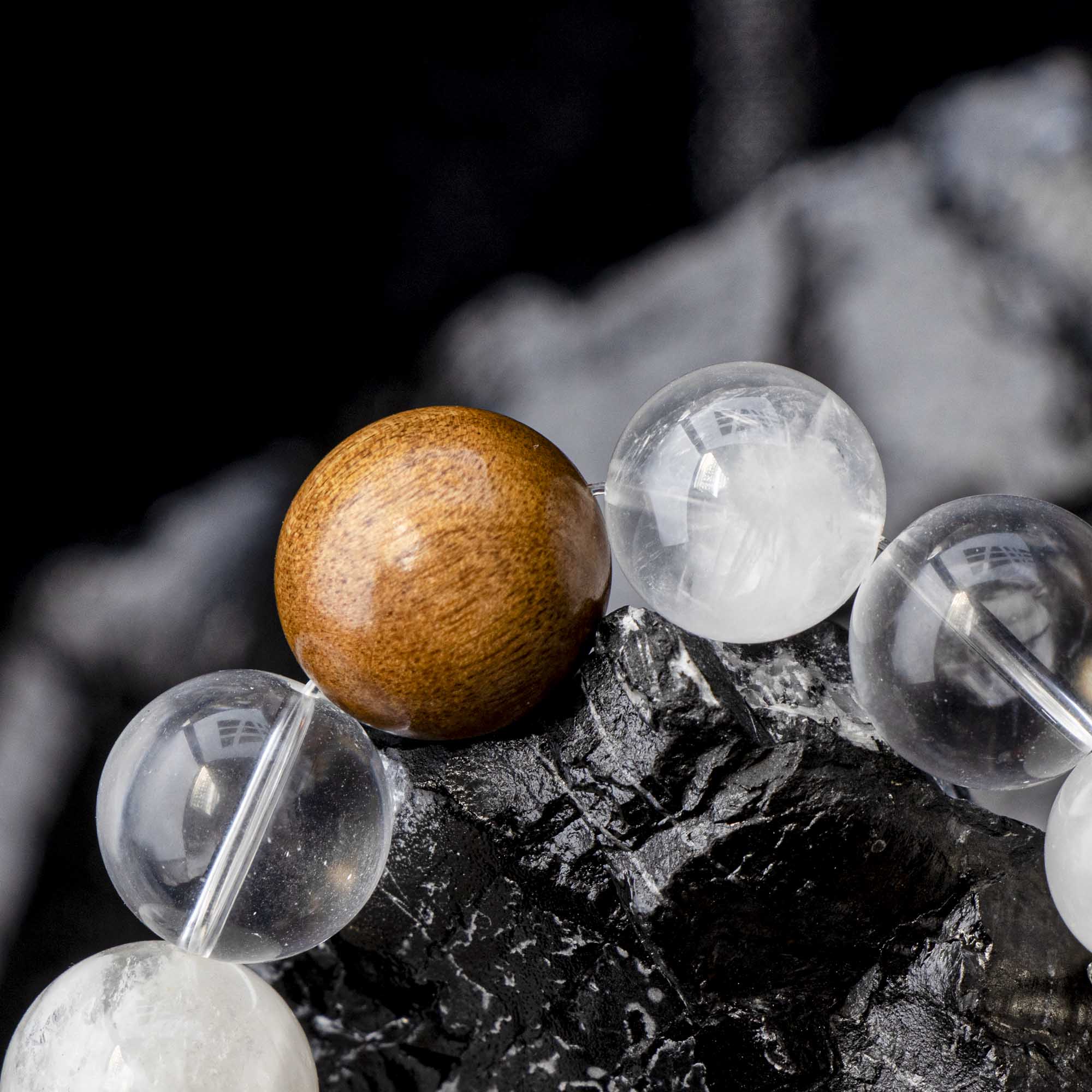 Auralyn Custom Feathered Clarity White Phantom & Clear Quartz Bracelet, 13–14mm Quartz with 15–16mm Golden Phoebe Wood, Tibetan-Silver Feather Spacer & Rings, Handmade Energy Jewelry for Renewal, Clarity & Grounding