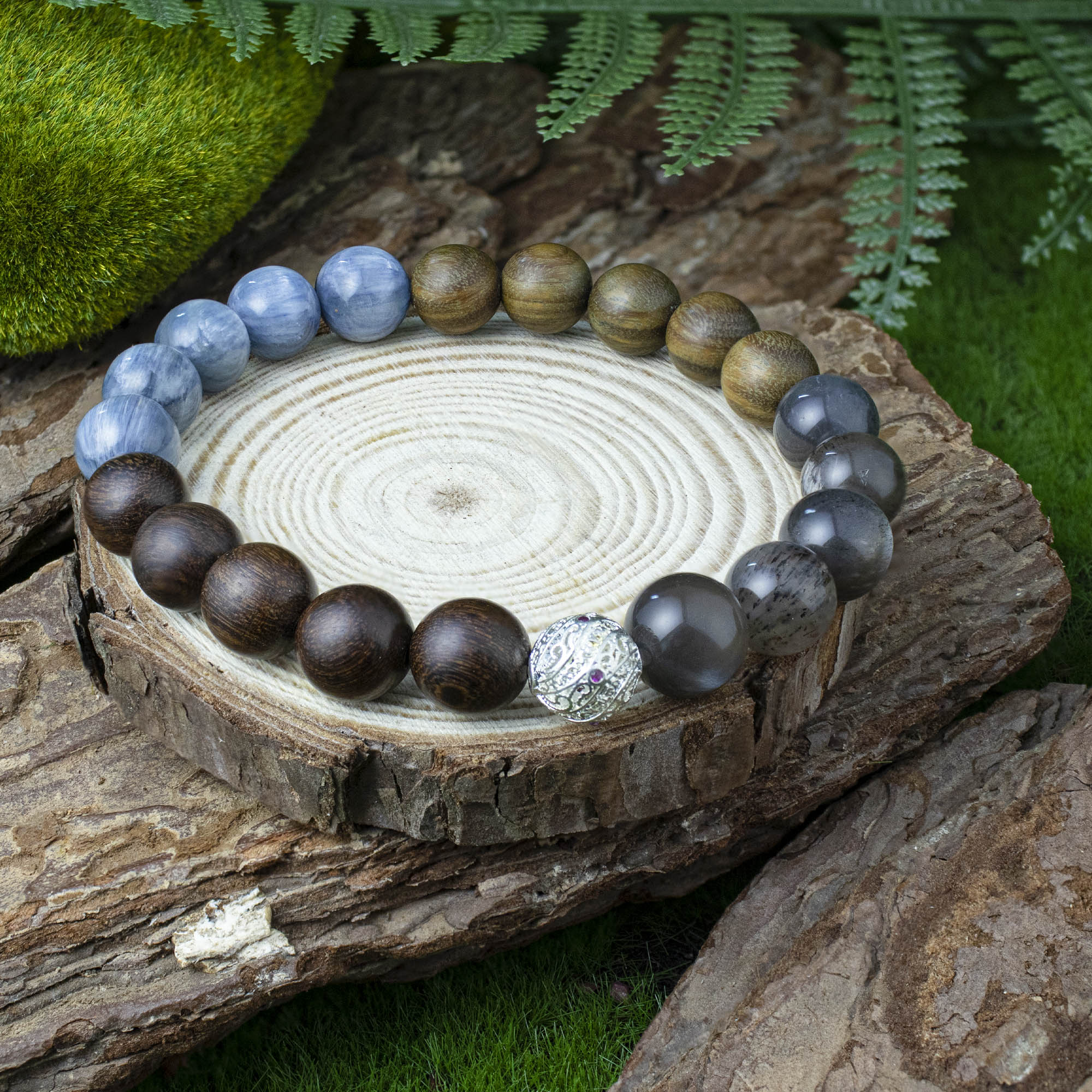 Auralyn Custom Kyanite Nightwood Crystal Bracelet, 10–12mm Kyanite with Black Tourmalinated/“Backbone” Quartz, Black Labradorite, Red & Green Sandalwood Beads and Filigree Silver Spacer, Handmade Energy Jewelry