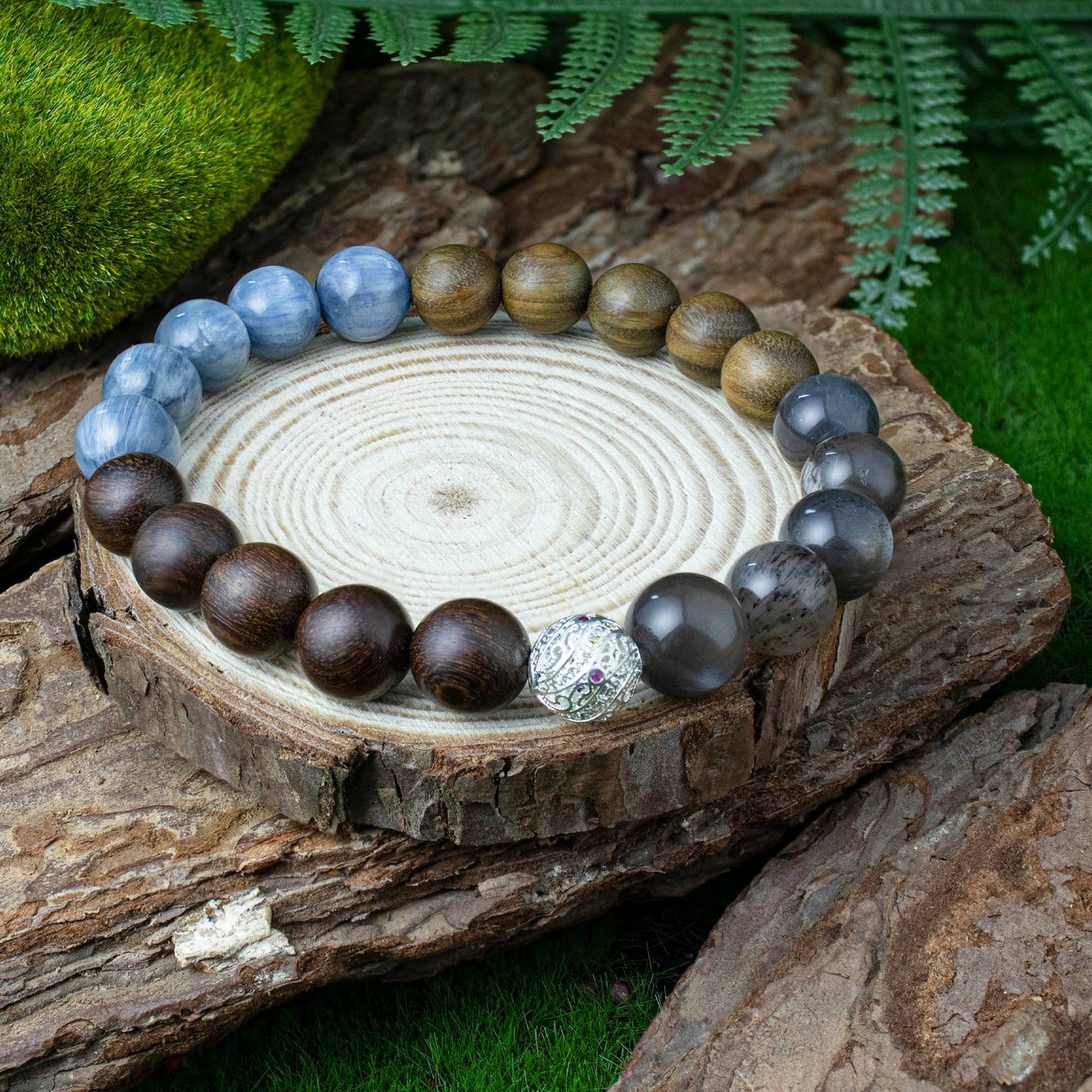 Auralyn Custom Kyanite Nightwood Crystal Bracelet, 10–12mm Kyanite with Black Tourmalinated/“Backbone” Quartz, Black Labradorite, Red & Green Sandalwood Beads and Filigree Silver Spacer, Handmade Energy Jewelry