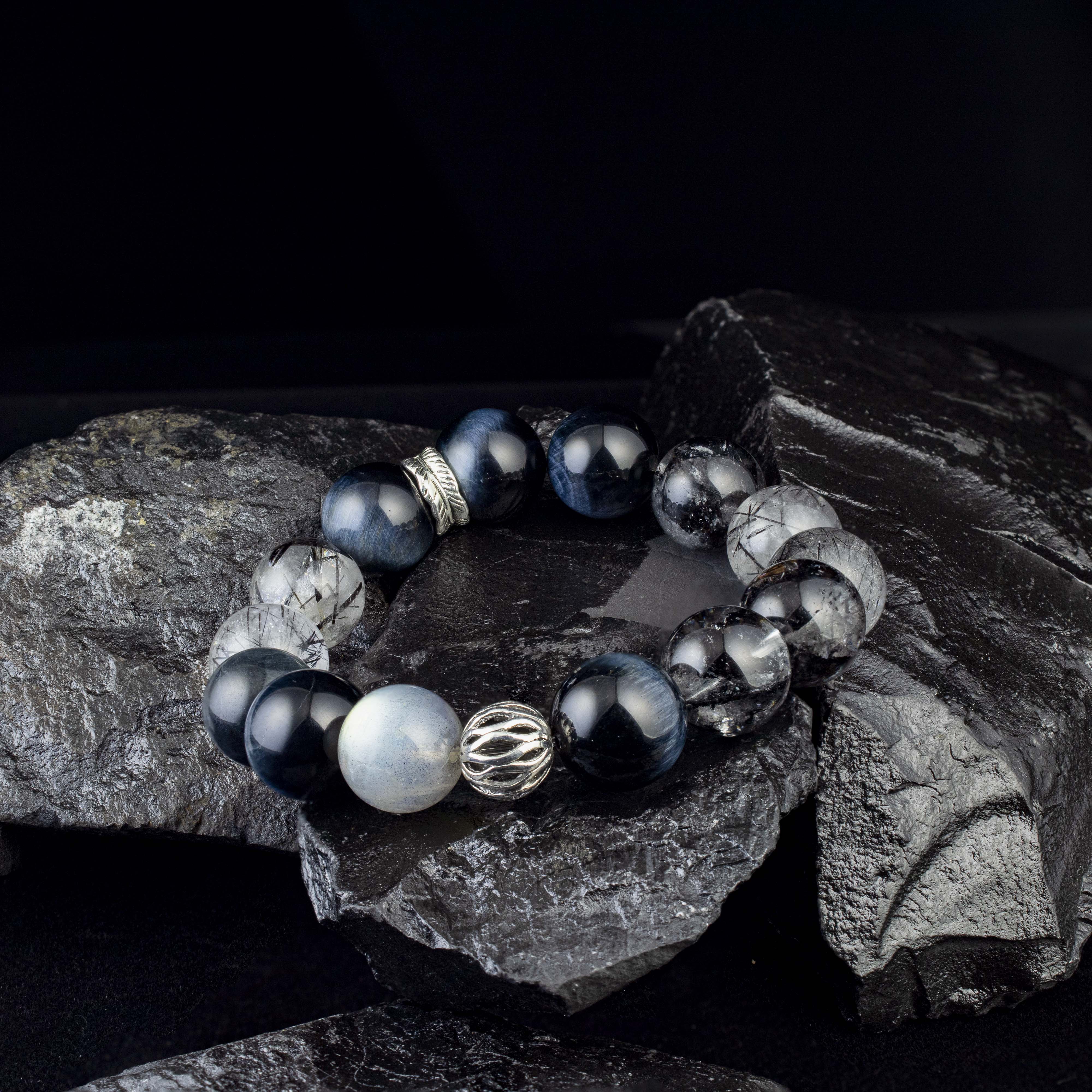 Abyssal Meridian Bracelet – Blue Tiger’s Eye, Black Rutilated, Sparkle Quartz & Gray Moonstone | 13–14mm Handmade Gift