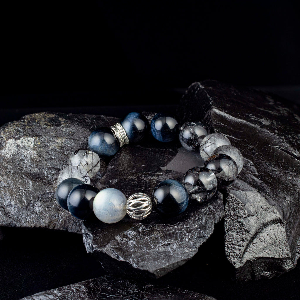 Abyssal Meridian Bracelet – Blue Tiger’s Eye, Black Rutilated, Sparkle Quartz & Gray Moonstone | 13–14mm Handmade Gift