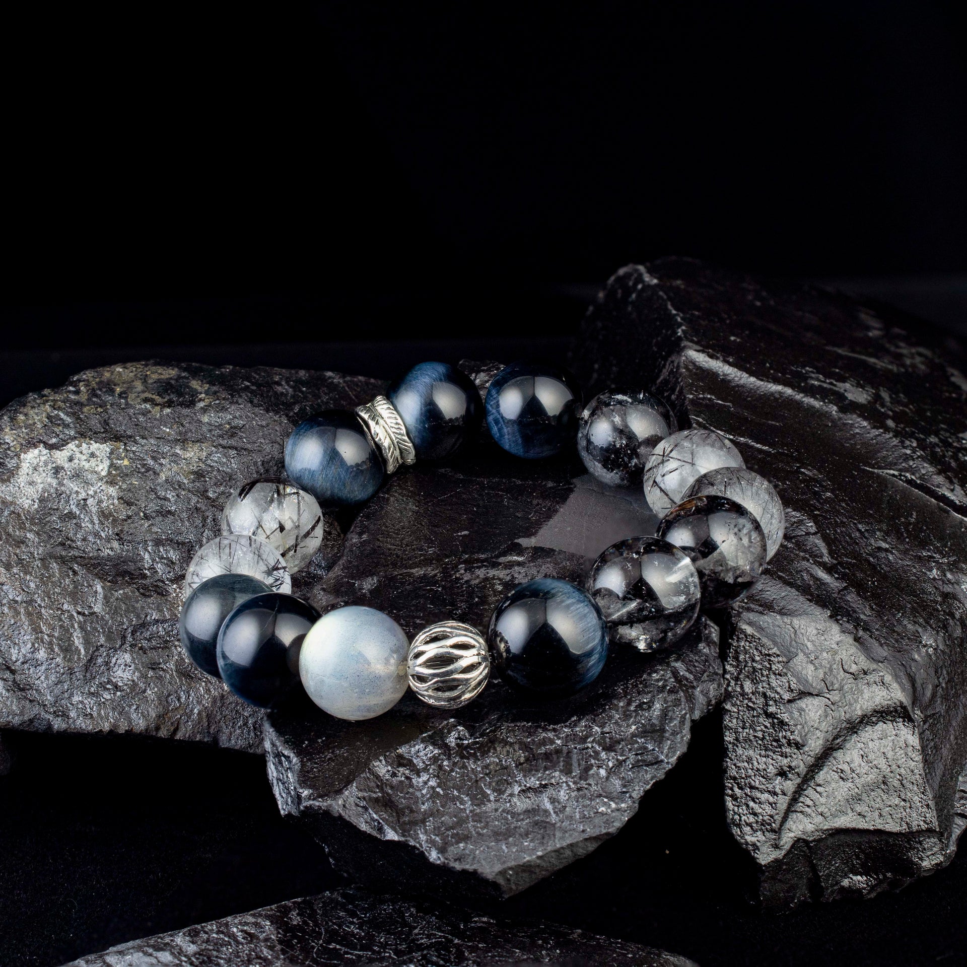 Abyssal Meridian Bracelet – Blue Tiger’s Eye, Black Rutilated, Sparkle Quartz & Gray Moonstone | 13–14mm Handmade Gift
