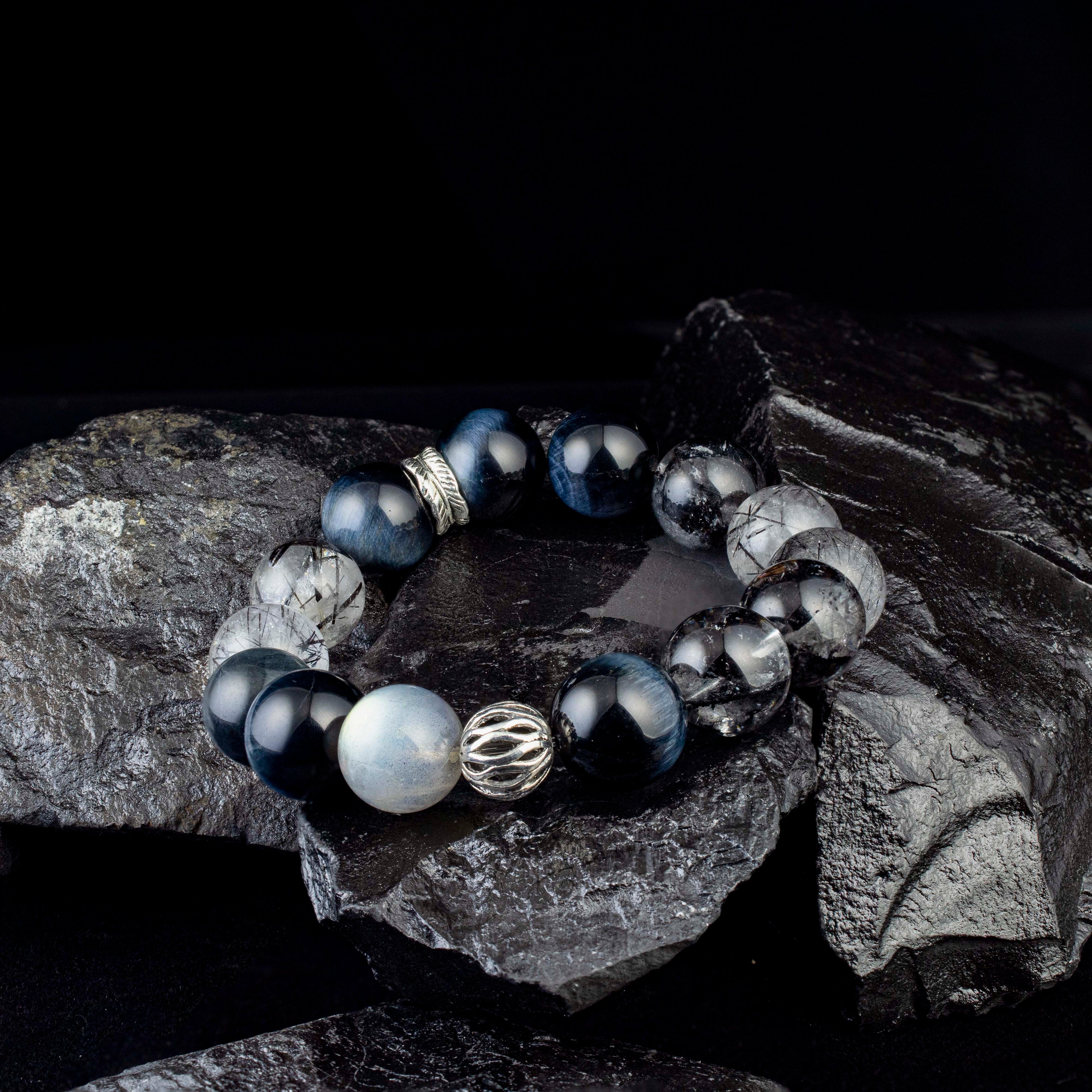 Abyssal Meridian Bracelet – Blue Tiger’s Eye, Black Rutilated, Sparkle Quartz & Gray Moonstone | 13–14mm Handmade Gift