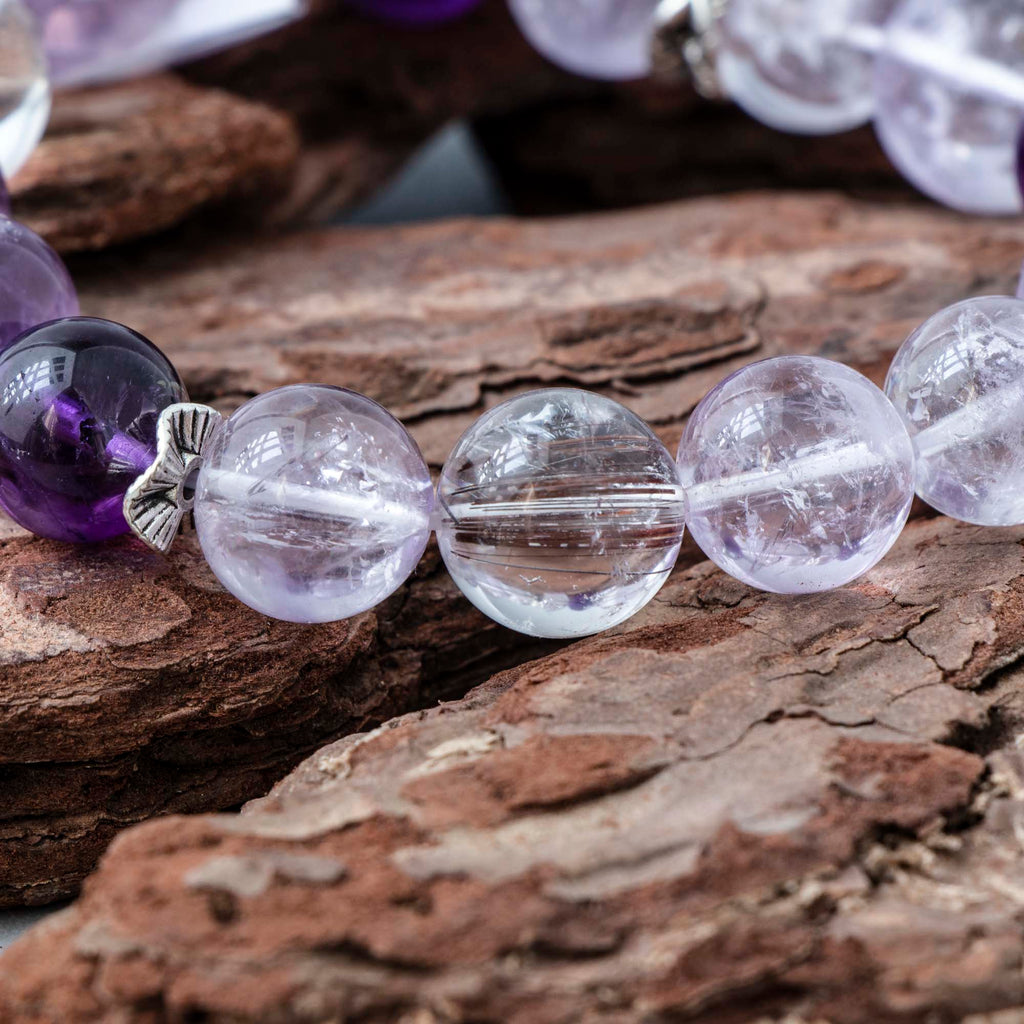 Auralyn Celestial Aura Amethyst Crystal Bracelet with Red Rutilated Quartz & Clear Quartz, 13–14mm Handmade Energy Beads, Tibetan Silver Accents, Emotional Healing & Spiritual Growth