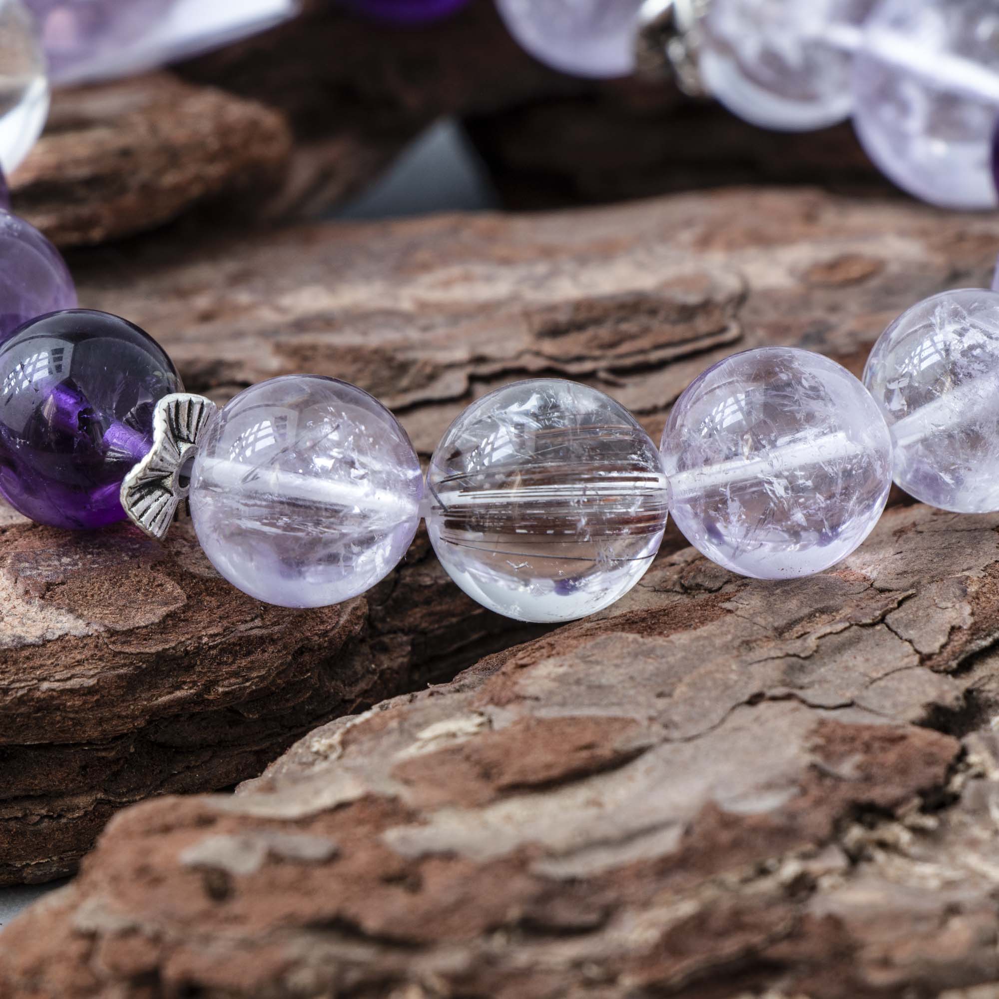 Auralyn Celestial Aura Amethyst Crystal Bracelet with Red Rutilated Quartz & Clear Quartz, 13–14mm Handmade Energy Beads, Tibetan Silver Accents, Emotional Healing & Spiritual Growth