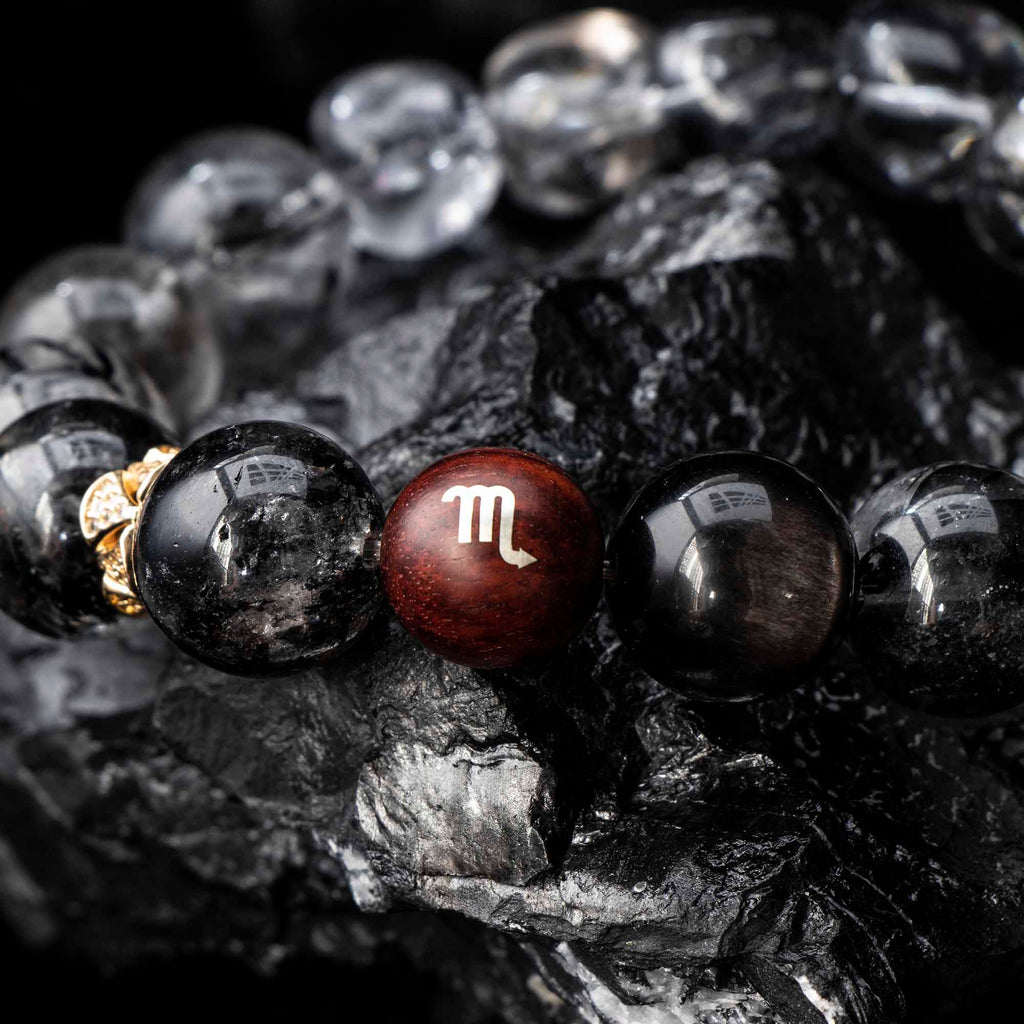 Auralyn Virgo Precision Shield Crystal Bracelet, 13–14mm Silver Obsidian, Black Labradorite, Herkimer Diamond & Black Rutilated Quartz with Gold-Plated Spacers and Sterling Silver Virgo Inlaid Bead, Handmade Zodiac Energy Jewelry