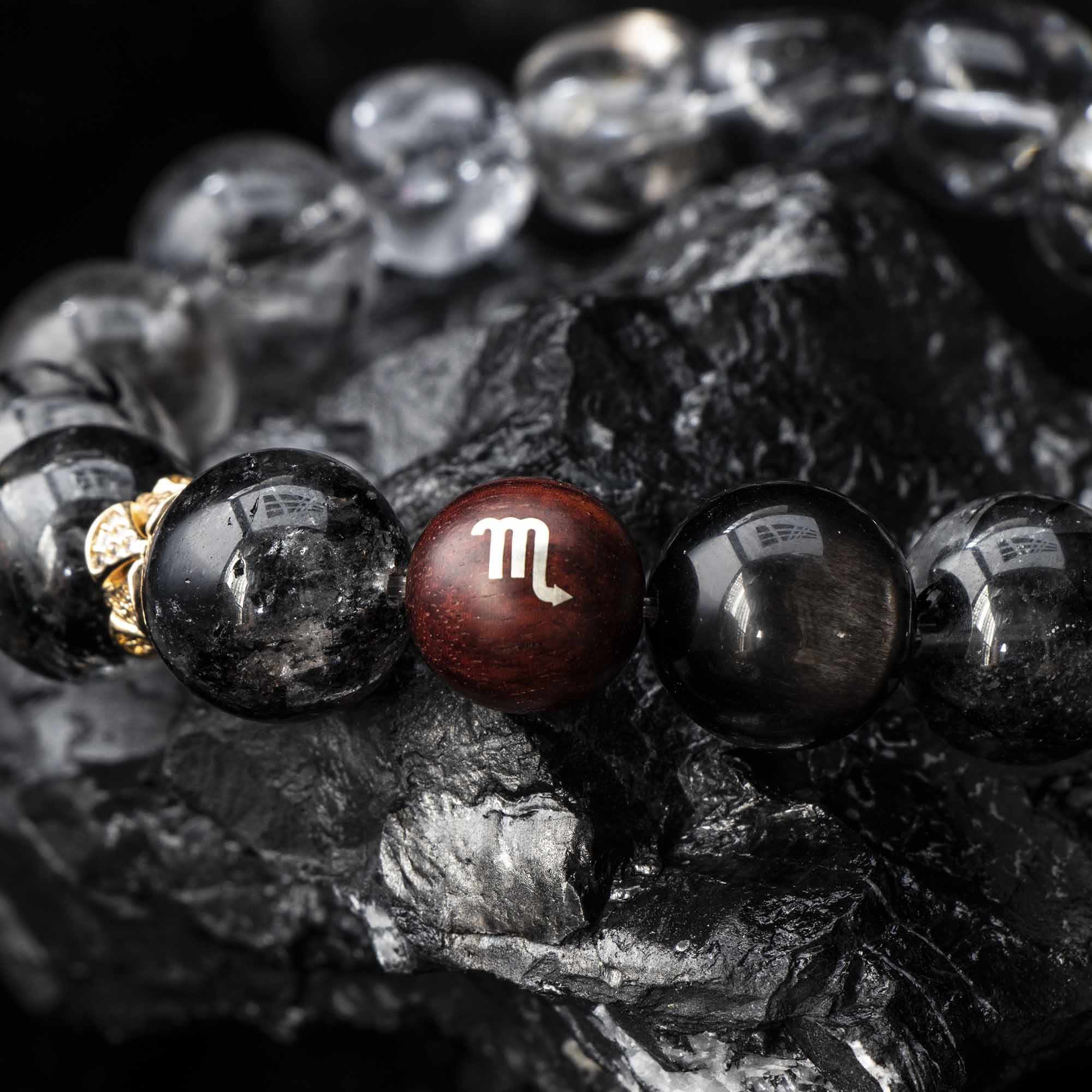 Auralyn Virgo Precision Shield Crystal Bracelet, 13–14mm Silver Obsidian, Black Labradorite, Herkimer Diamond & Black Rutilated Quartz with Gold-Plated Spacers and Sterling Silver Virgo Inlaid Bead, Handmade Zodiac Energy Jewelry