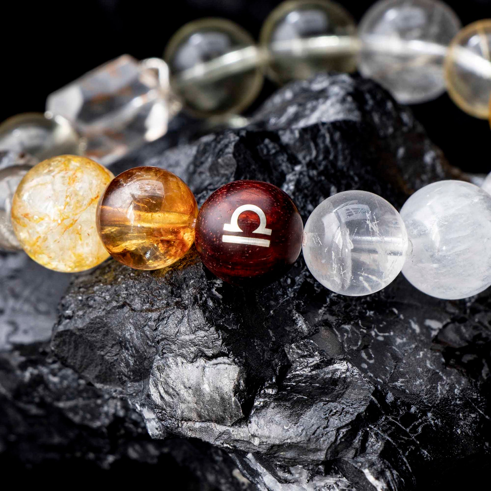 Auralyn Libra Golden Balance Super Seven Crystal Bracelet, 13–14mm Super Seven with Citrine, Flower Agate (Golden/Orange), White Phantom Quartz & Tiger’s Eye, Raw Mineral Accent, Sterling-Silver Inlaid Libra Redwood Bead, Handmade