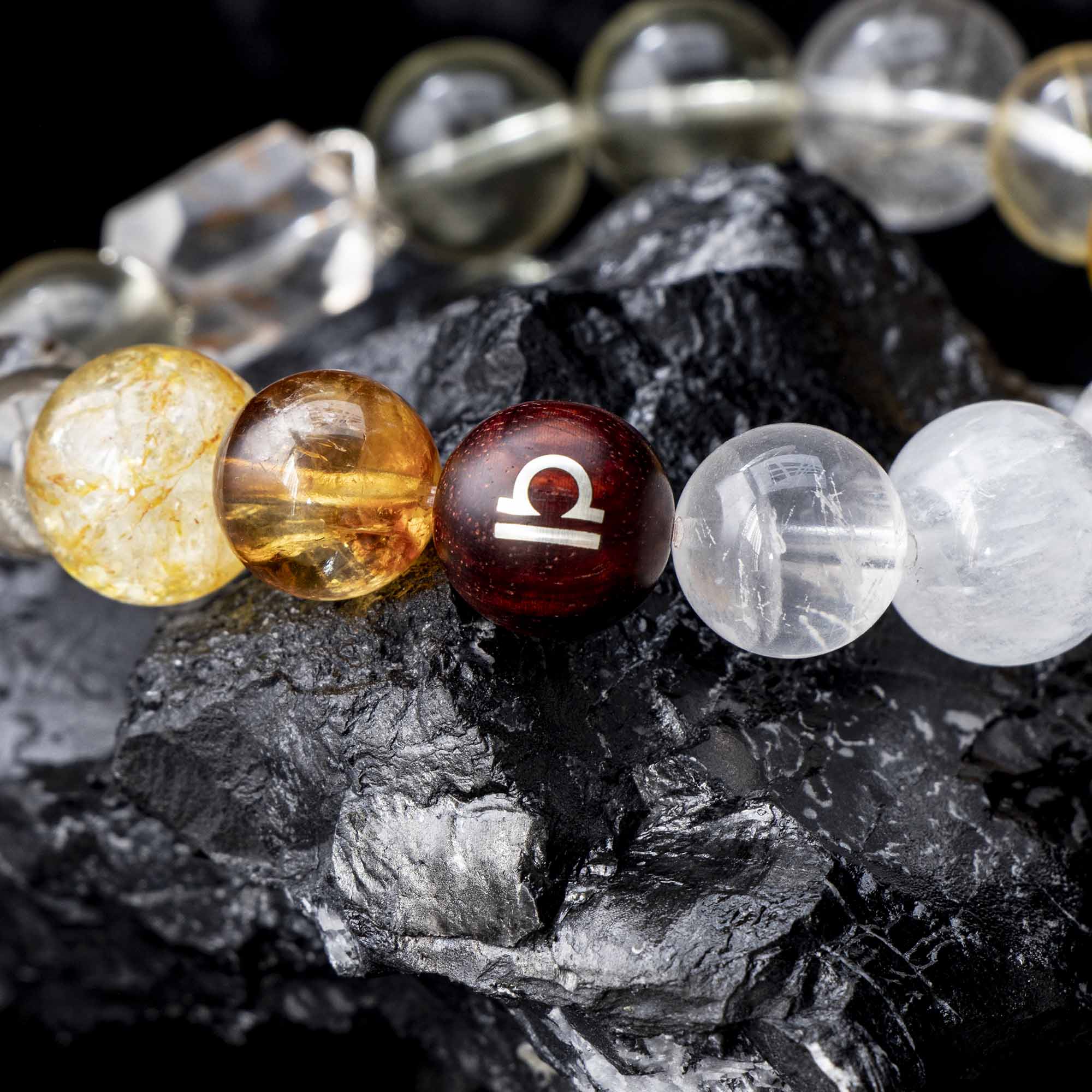 Auralyn Libra Golden Balance Super Seven Crystal Bracelet, 13–14mm Super Seven with Citrine, Flower Agate (Golden/Orange), White Phantom Quartz & Tiger’s Eye, Raw Mineral Accent, Sterling-Silver Inlaid Libra Redwood Bead, Handmade