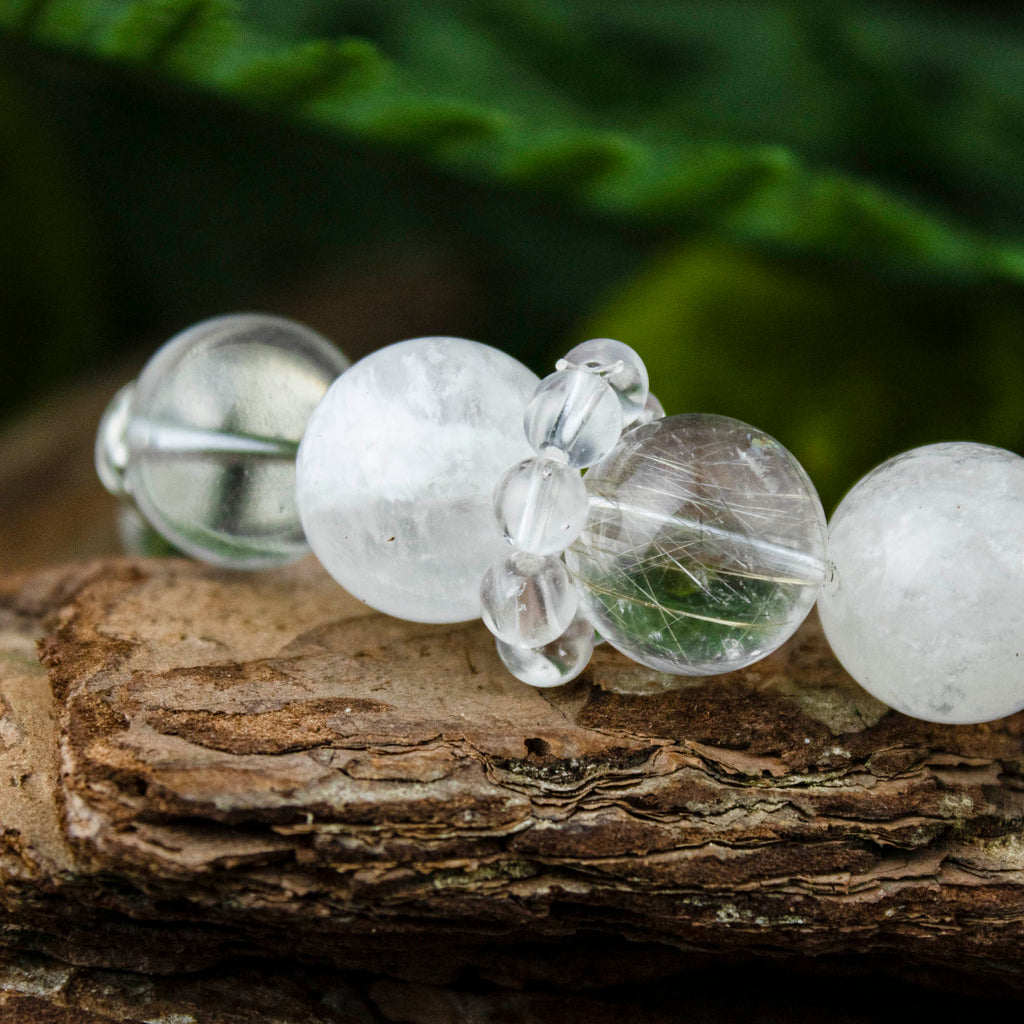 Auralyn Custom Frosted Clarity Crystal Bracelet, 13–14mm White Phantom, Clear Quartz & Silver Rutilated Quartz with Tibetan Silver Spacers & Rings, Handmade Energy Jewelry in Pure White/Transparent Tones