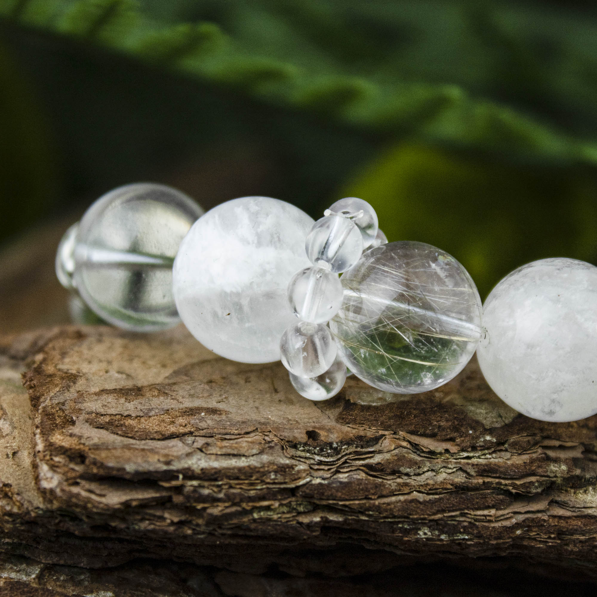 Auralyn Custom Frosted Clarity Crystal Bracelet, 13–14mm White Phantom, Clear Quartz & Silver Rutilated Quartz with Tibetan Silver Spacers & Rings, Handmade Energy Jewelry in Pure White/Transparent Tones