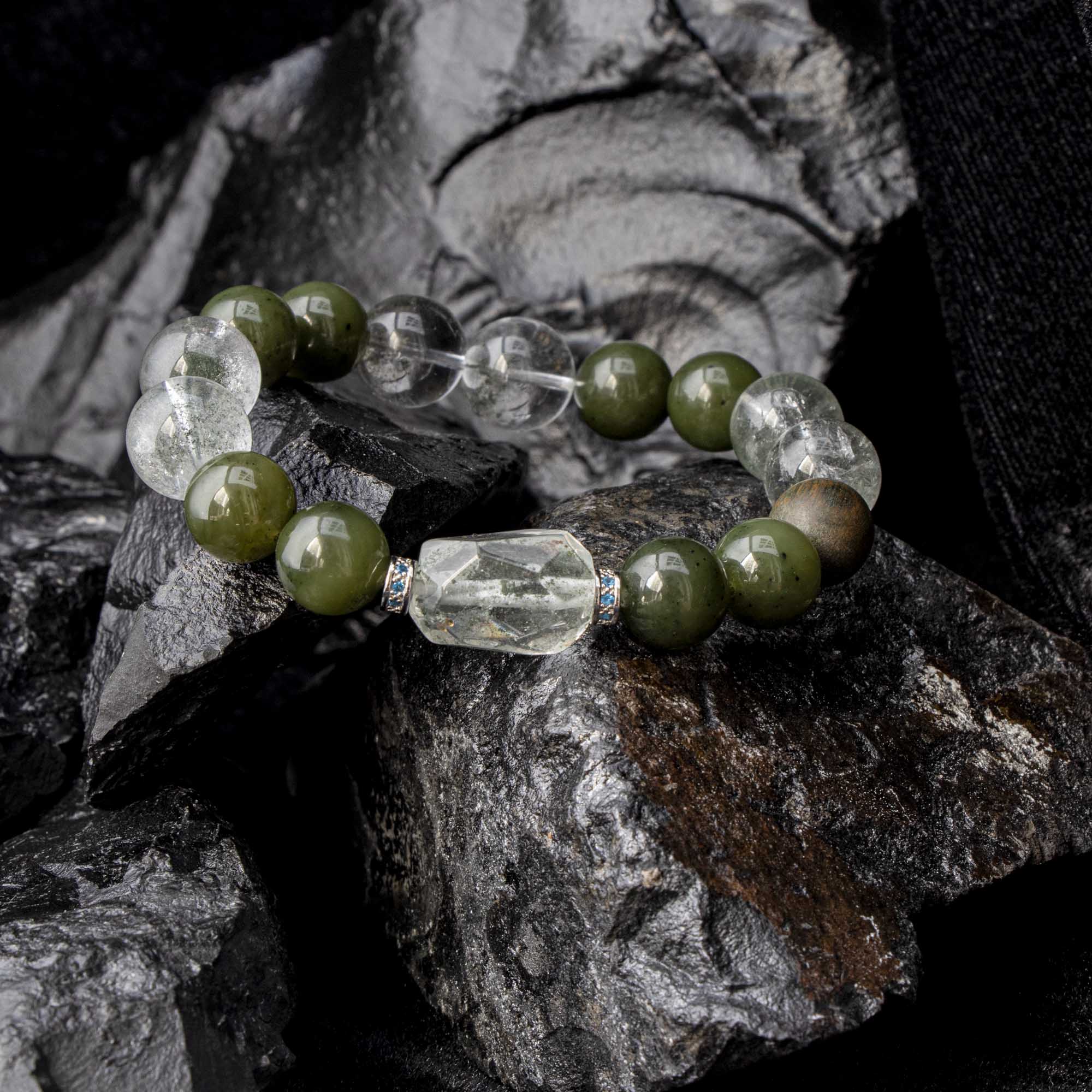 Auralyn Custom Star-Garden Green Phantom Quartz Bracelet, 13–14mm Garden/“Starry” Phantom with Irregular Phantom Accent, Avocado Tone Bead & Natural Wood, Handmade Energy Jewelry for Renewal, Clarity & Grounding