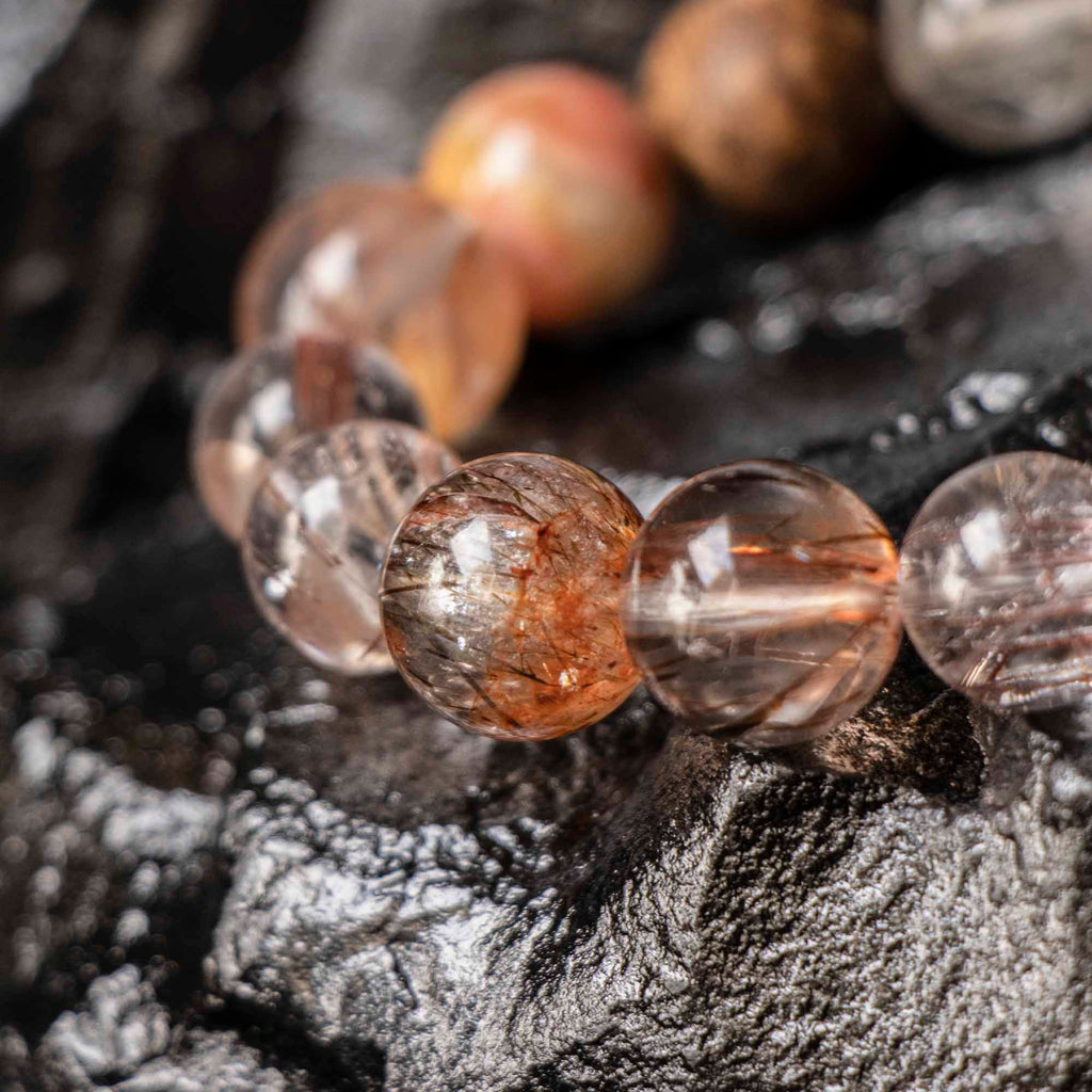 Auralyn Life Rhythm Blooming Flame Crystal Bracelet, 13–14mm Flower Agate, Red & Silver Rutilated Quartz with Natural Agarwood Bead (Subtle Aroma), Handmade Energy Jewelry for Love, Confidence & Grounding