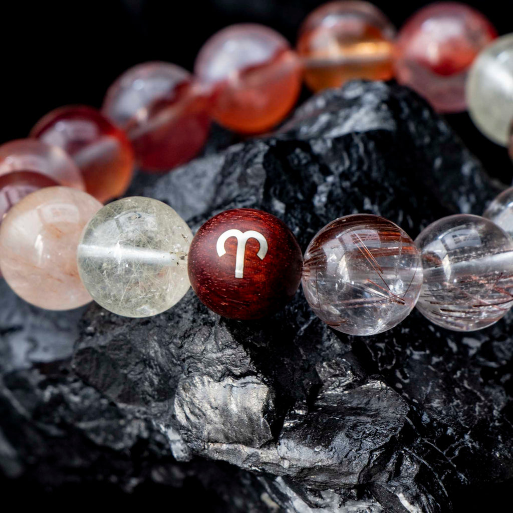 Auralyn Aries Flame Bloom Crystal Bracelet, 13–14mm Red Flower Agate, Red & Venus Rutilated Quartz, Rabbit Hair Quartz, Sterling Silver Aries Bead, Handmade Zodiac Energy Jewelry