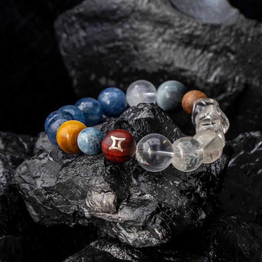 Auralyn Gemini Celestial Flow Crystal Bracelet, 13–14mm Kyanite, Blue Tiger Eye, Aquamarine, White Phantom, Clear Quartz & Herkimer Diamond with 9mm Agarwood and Sterling Silver Gemini Bead, Handmade Zodiac Energy Jewelry