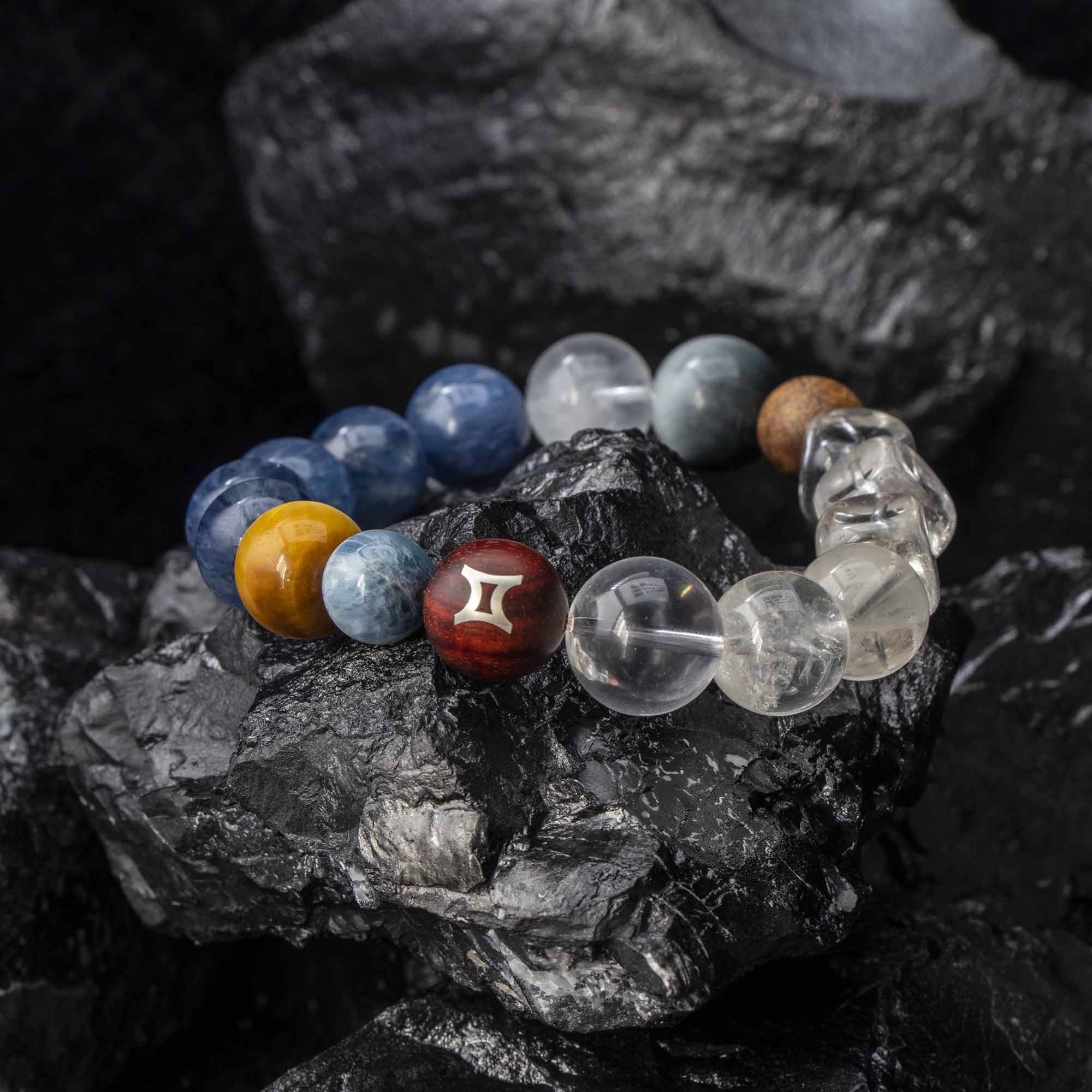 Auralyn Gemini Celestial Flow Crystal Bracelet, 13–14mm Kyanite, Blue Tiger Eye, Aquamarine, White Phantom, Clear Quartz & Herkimer Diamond with 9mm Agarwood and Sterling Silver Gemini Bead, Handmade Zodiac Energy Jewelry