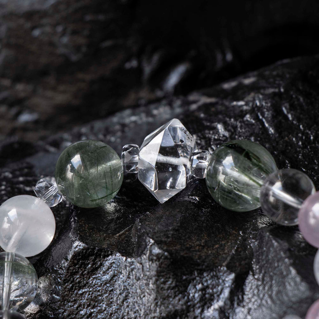 Auralyn Garden of Light Crystal Bracelet, 13–14mm White Phantom, Rose Quartz, Green Phantom, Green Rutilated & Tourmaline Rutilated Quartz with Clear Quartz Spacers, Handmade Energy Jewelry