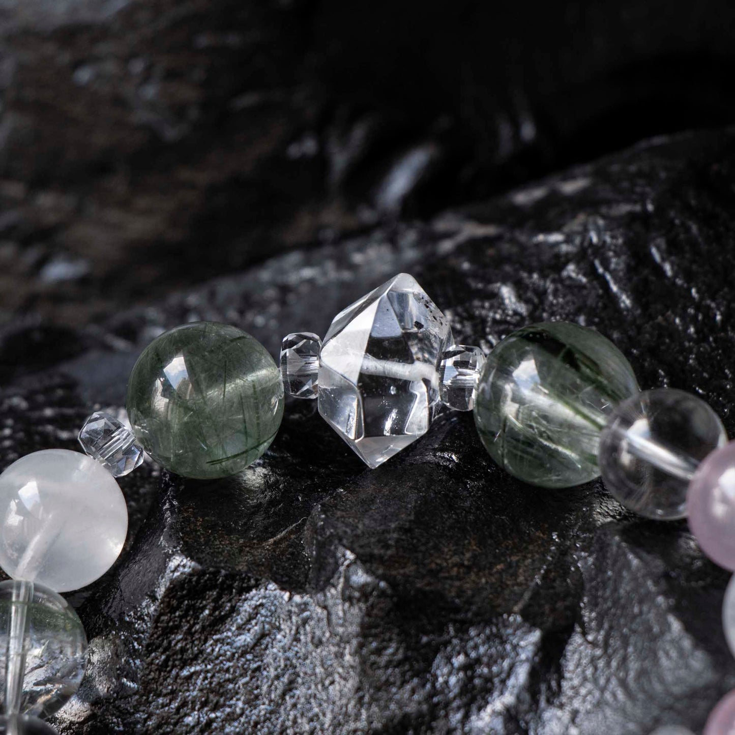 Auralyn Garden of Light Crystal Bracelet, 13–14mm White Phantom, Rose Quartz, Green Phantom, Green Rutilated & Tourmaline Rutilated Quartz with Clear Quartz Spacers, Handmade Energy Jewelry