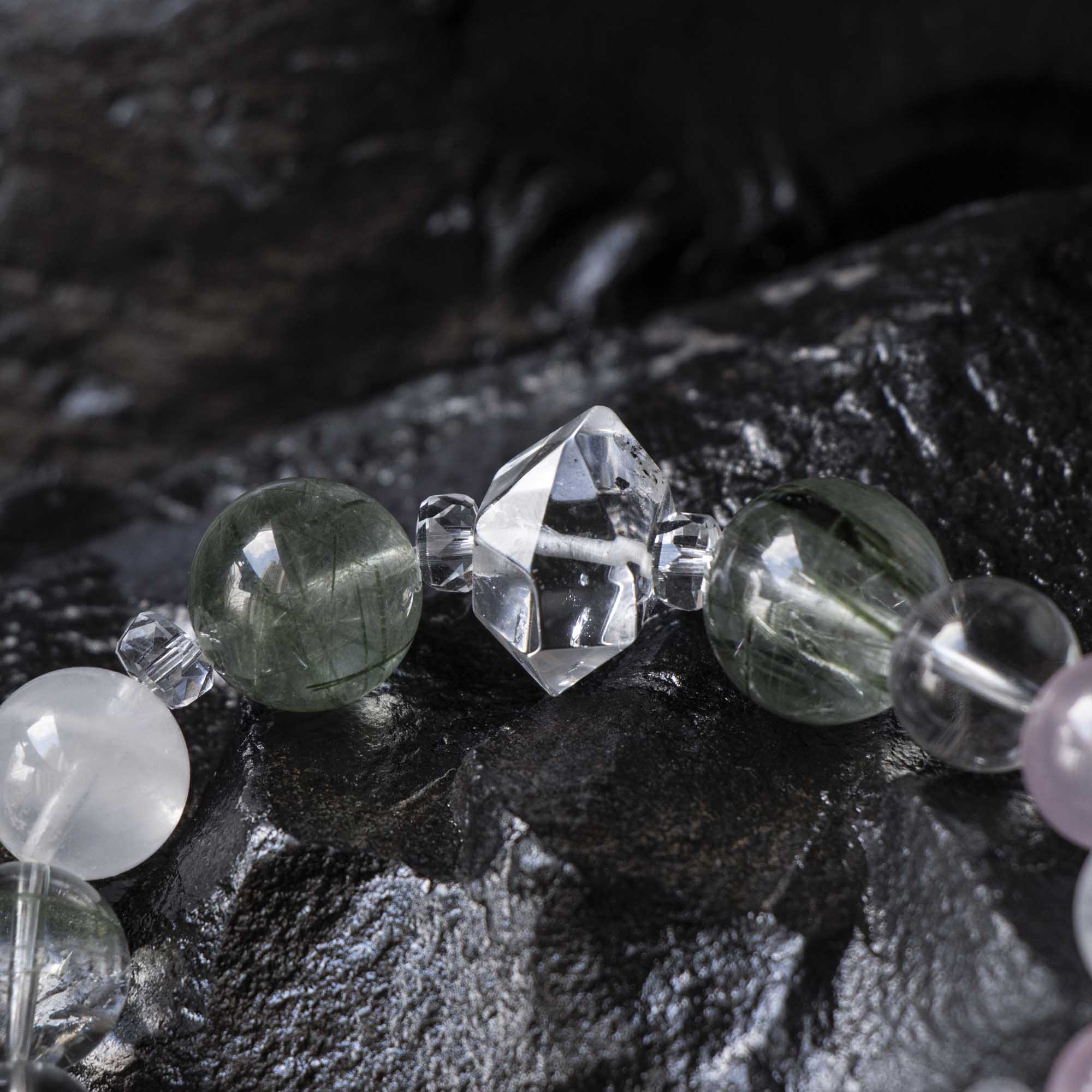 Auralyn Garden of Light Crystal Bracelet, 13–14mm White Phantom, Rose Quartz, Green Phantom, Green Rutilated & Tourmaline Rutilated Quartz with Clear Quartz Spacers, Handmade Energy Jewelry