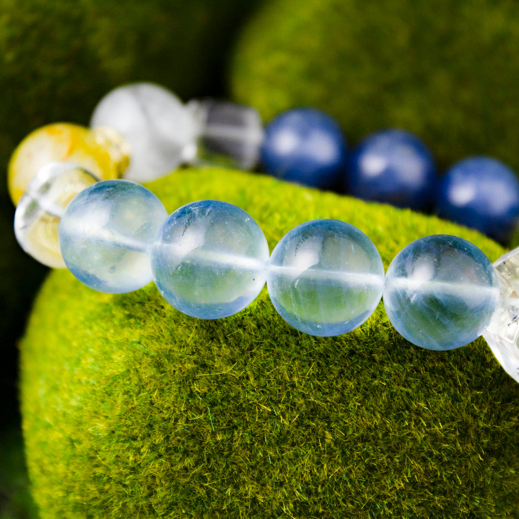 オーラリン タロット テンペランス ブルーゴールド クリスタルブレスレット、13～14mm カイヤナイト、アクアマリン、ホワイトファントム、シトリン、ゴールデンフラワーアゲート、ハーキマースタイルのイレギュラー＆シュガーキューブアクセント、ゴールドメッキスペーサー、ハンドメイドエネルギージュエリー